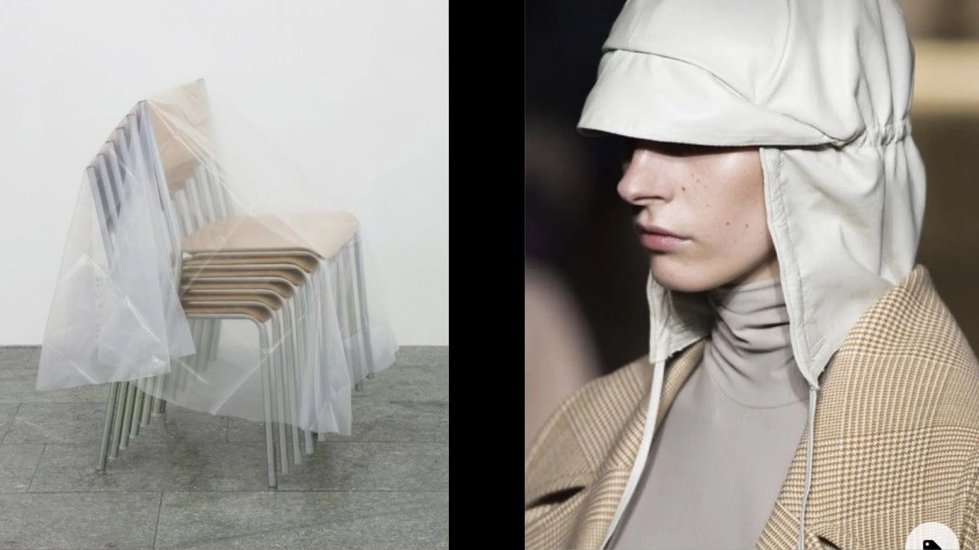 Stacked chairs veiled in transparent plastic beside a model in sculptural hood — hybrid fashion meets design minimalism