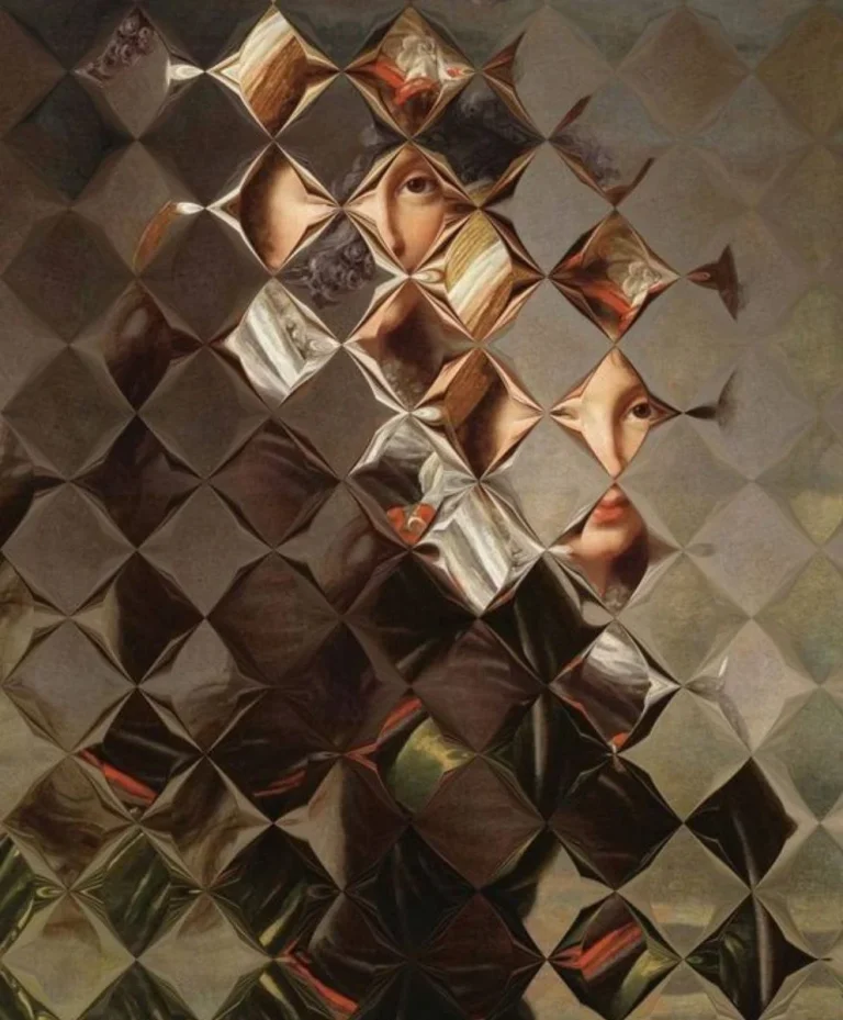 Fragmented and abstract reinterpretation of a classical portrait, reflecting Modern Heritage aesthetics for Autumn Winter 2026 2027 by C2 Fashion Studio, a trend forecasting agency.