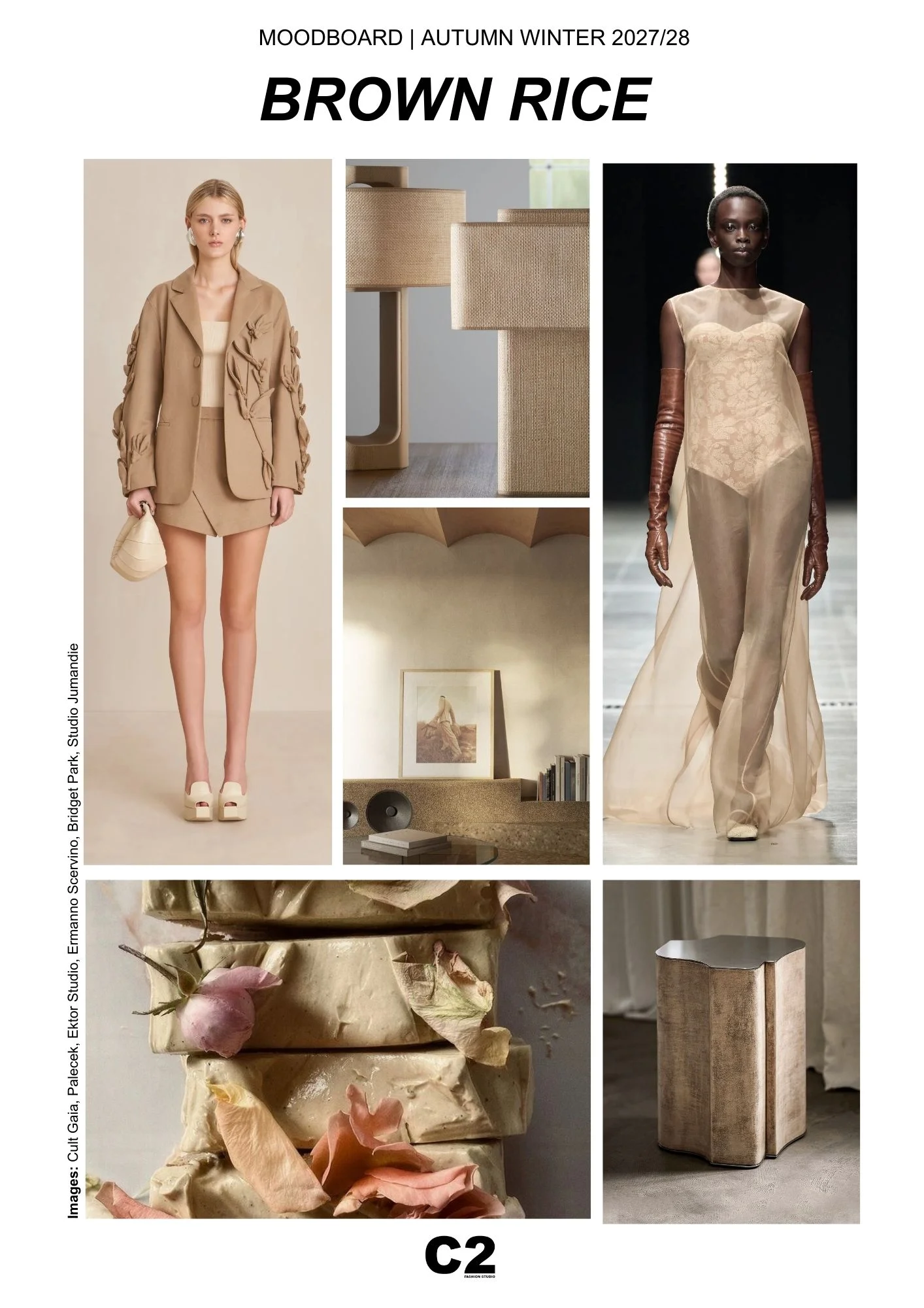 Moodboard showcasing Brown Rice, a neutral color trend for Autumn Winter 2027 2028, presented by C2 Fashion Studio trend forecasting, symbolizing grounded minimalism, authenticity, and sustainable luxury.