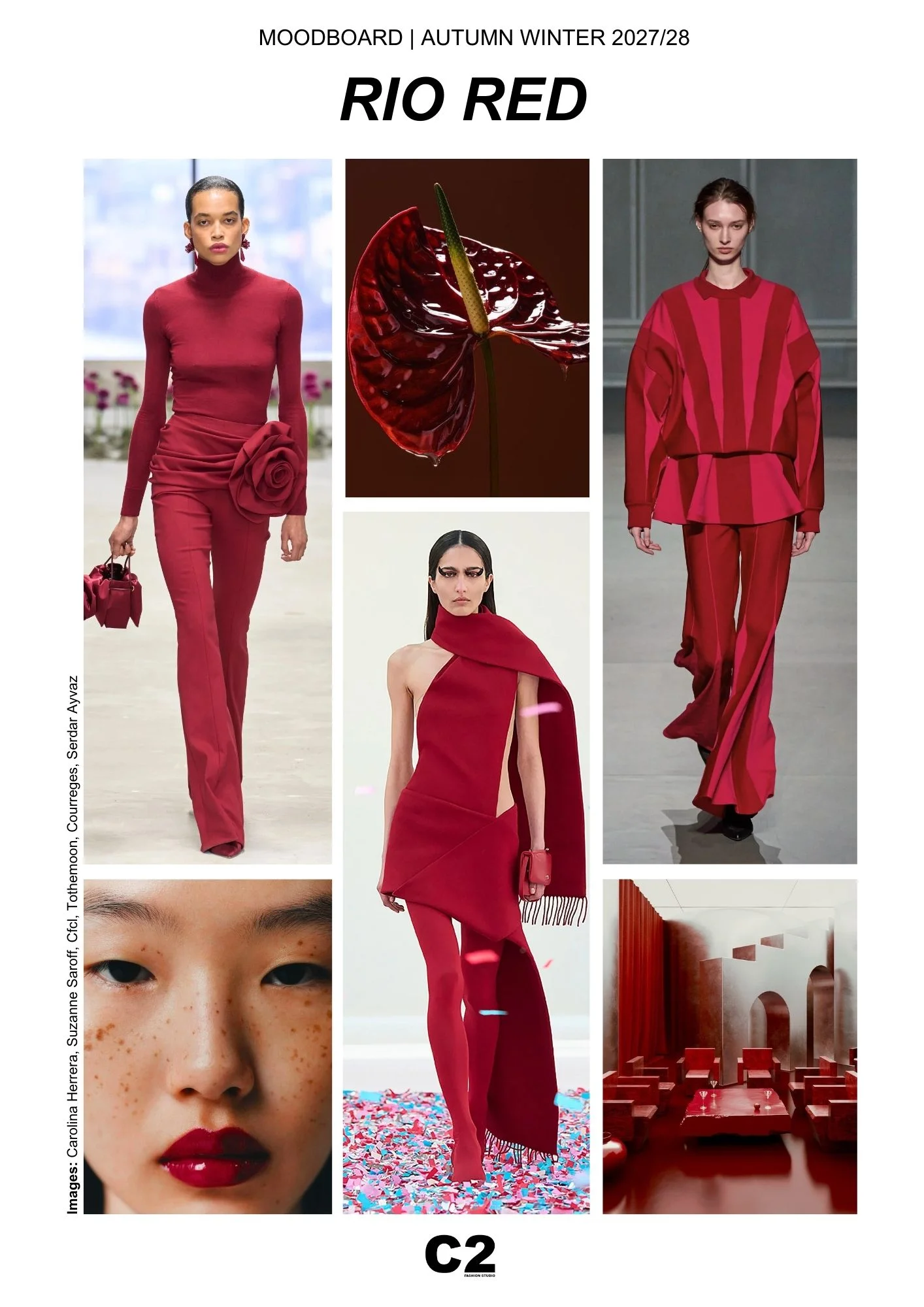 Moodboard featuring Rio Red, a bold color trend for Autumn Winter 2027 2028, presented by C2 Fashion Studio in fashion trend forecasting, symbolizing passion, power, and ceremonial strength.