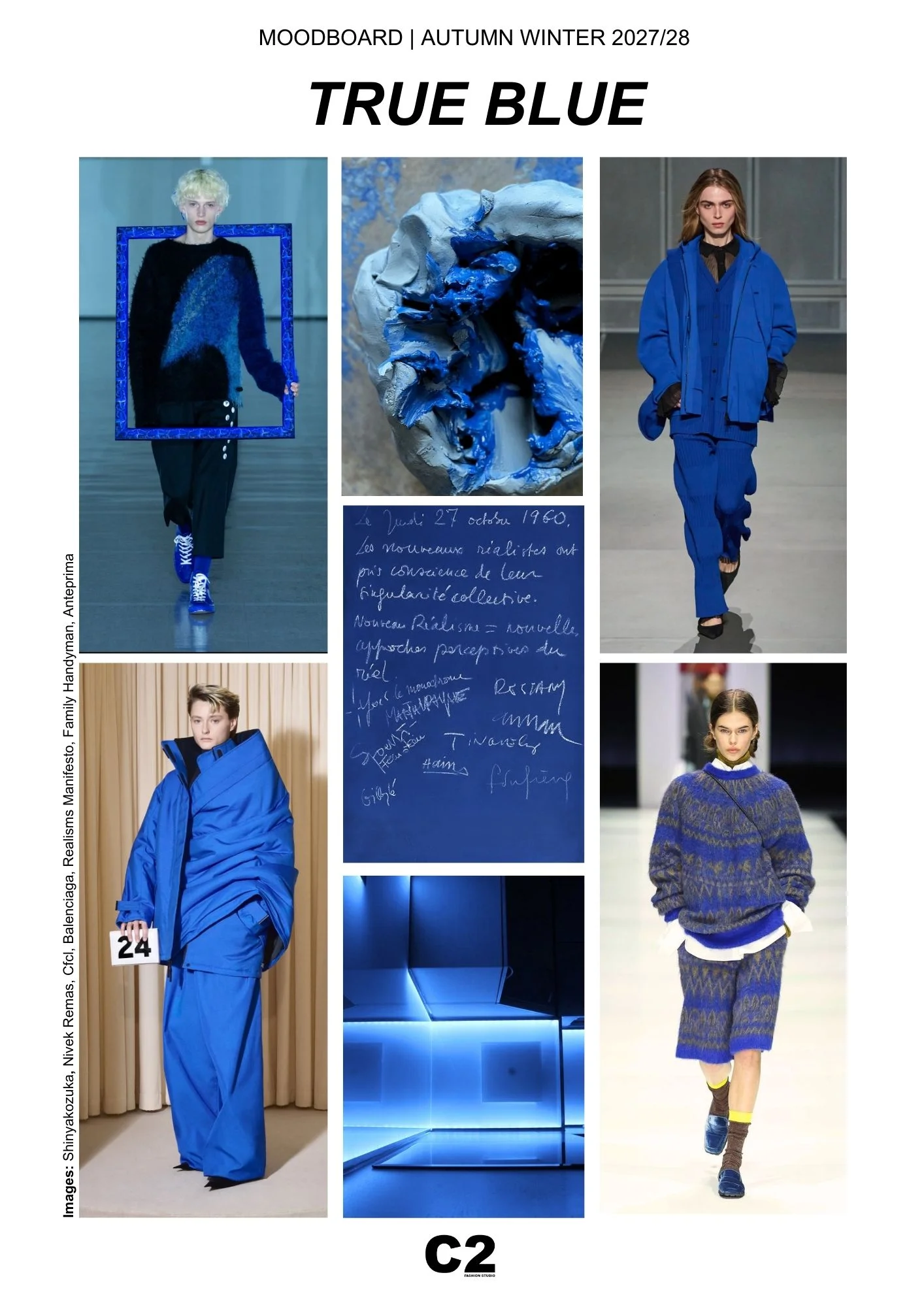 Moodboard showcasing True Blue, a defining color of Autumn Winter 2027 2028 fashion trend forecasting by C2 Fashion Studio, blending futuristic elegance with heritage influence.