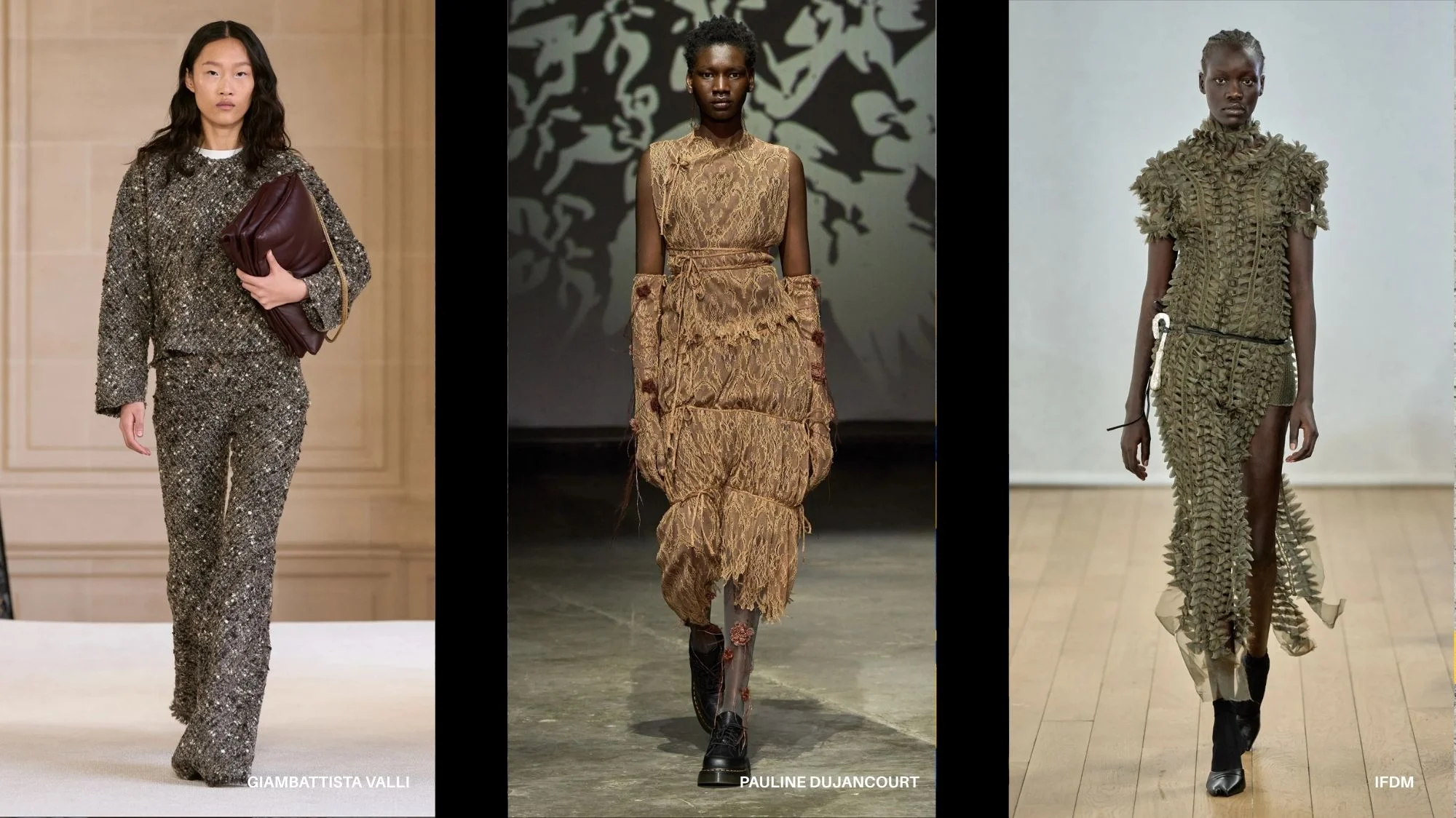 Models in Autumn Winter 2026/27 runway looks by Giambattista Valli, Pauline Dujancourt, and IFDM, showcasing radical textures and sustainable materials in fashion trend forecasts.