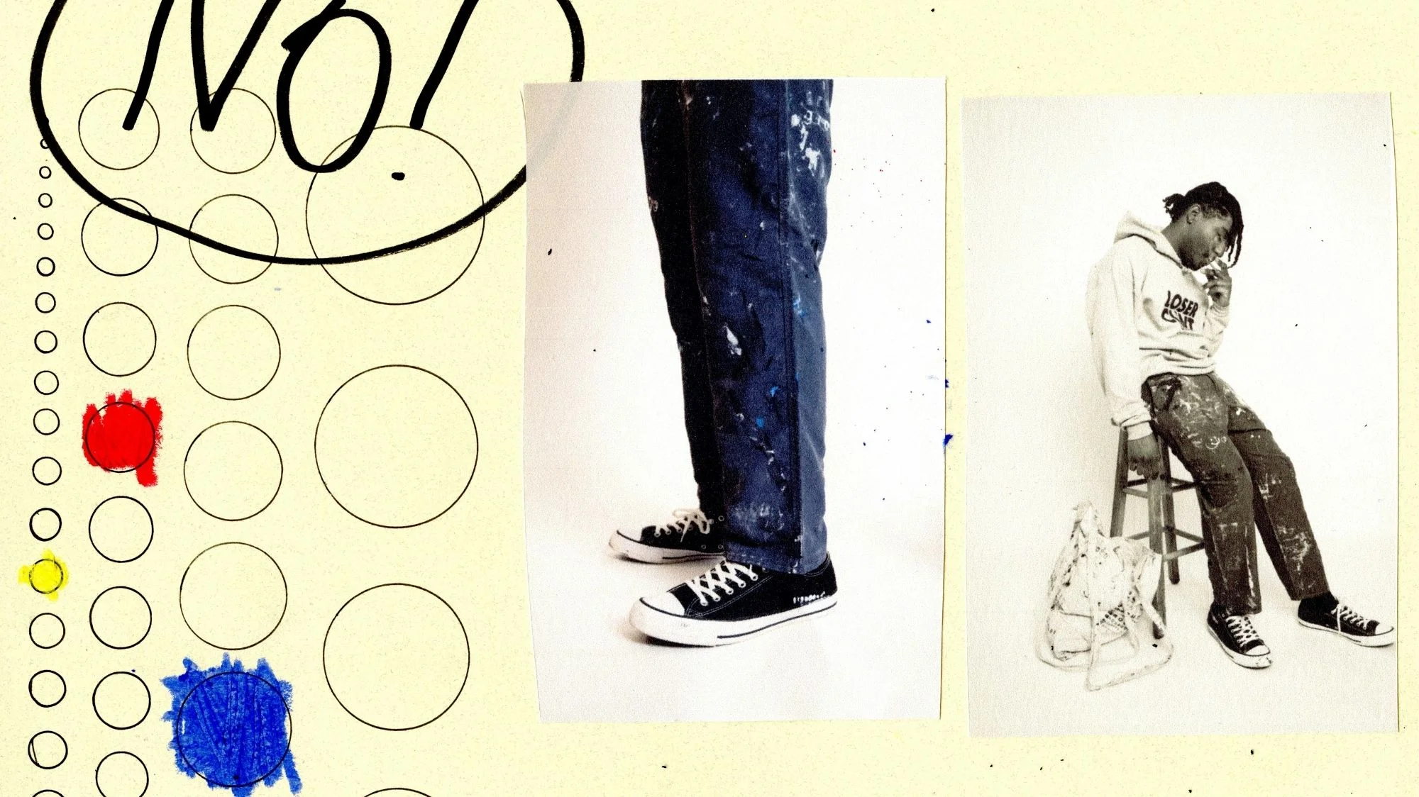 Fashion collage featuring painted pants, sneakers, and hoodie, symbolizing creative identity and emotional branding, presented by C2 Fashion Studio’s trend forecasting platform.