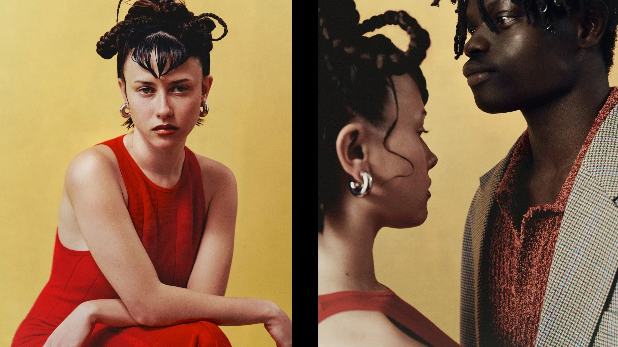 Editorial portraits of models in bold red outfits and sculptural hairstyles, reflecting fragmented styles and cultural acceleration in fashion. Curated by C2 Fashion Studio, a leading trend forecasting agency specializing in fashion trend forecasting.