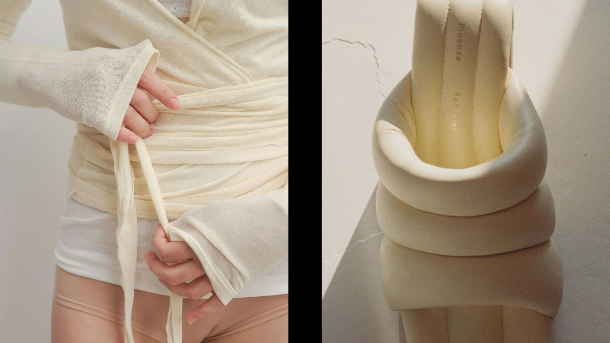Close-up of wrapped cream fabric around the body and padded sculptural forms, symbolizing Autumn Winter 2026 2027 fashion trend forecasting and the rise of Sensory Tuners focused on tactility and emotional resilience.