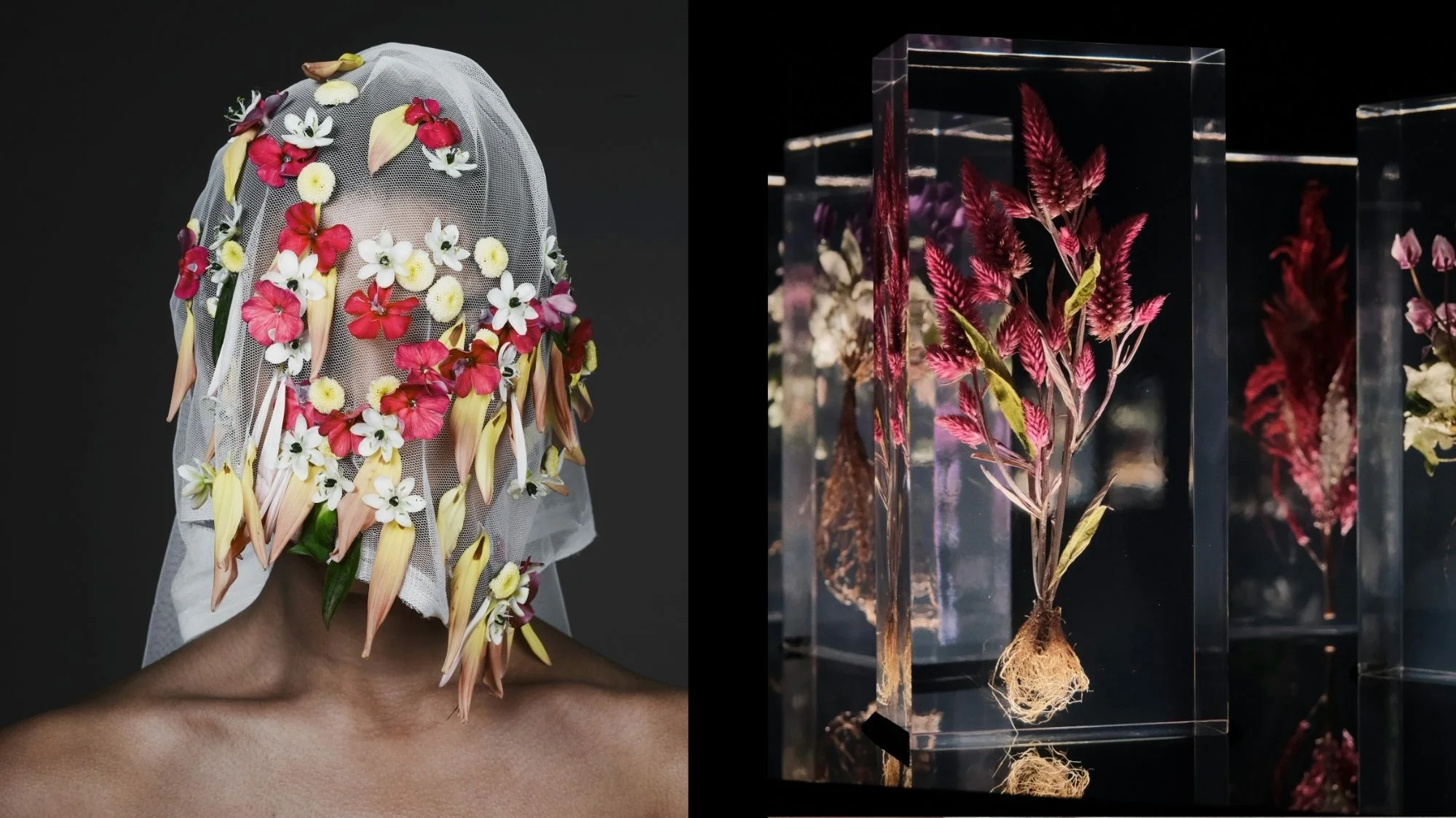 Avant-garde model with a floral veil and preserved flowers in glass cases, symbolizing Organic Thinking Design Strategies in fashion forecasting by C2 Fashion Studio.