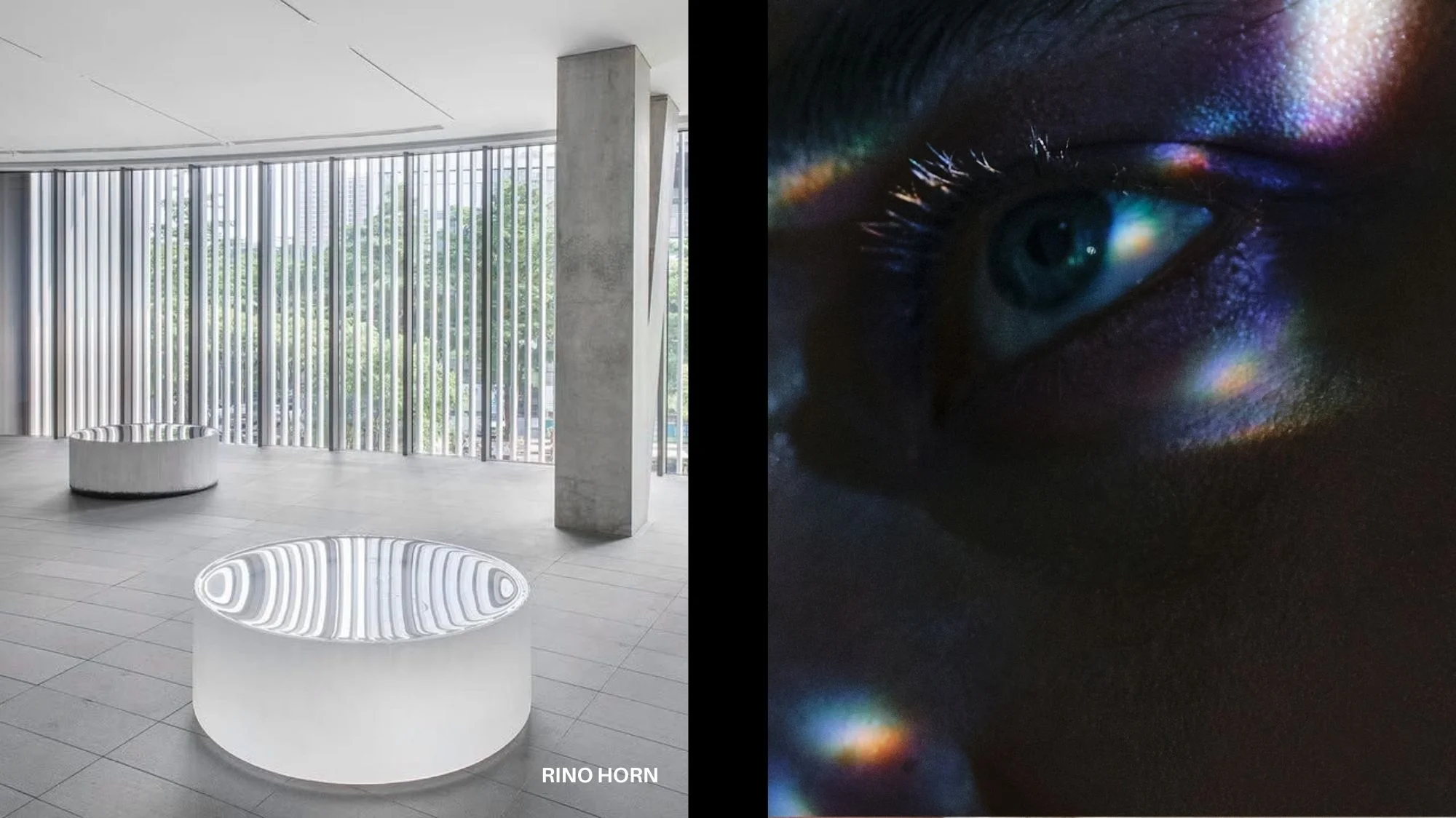 Abstract imagery combining architectural minimalism and a close-up of an illuminated eye, symbolizing future-focused aesthetics in fashion trend forecasting by C2 Fashion Studio, a leading trend forecasting agency.