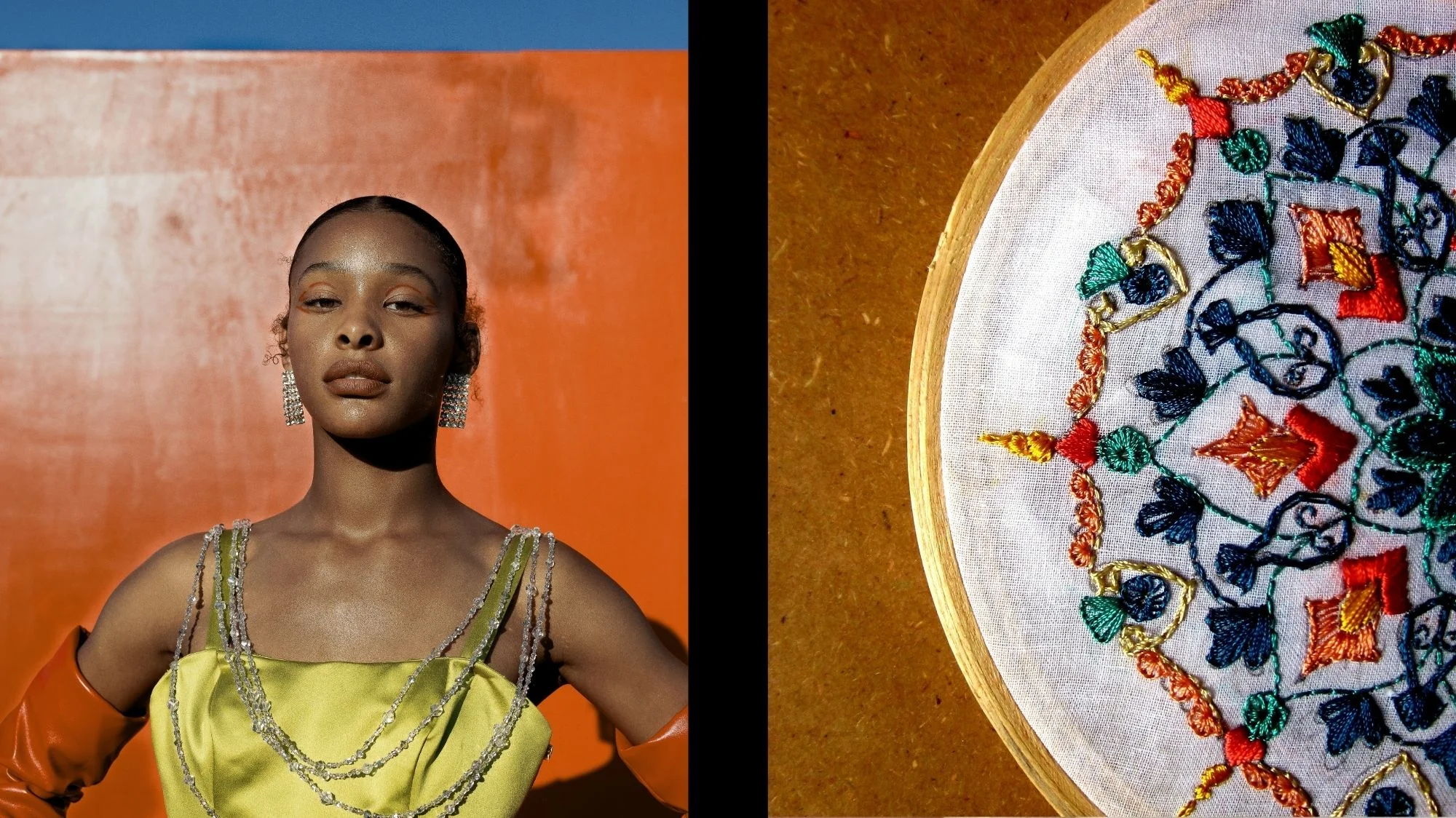 Portrait of a model in vibrant yellow dress beside detailed embroidery, symbolizing craftsmanship and cultural heritage in a fashion trend highlighted by C2 Fashion Studio, a leading trend forecasting agency.