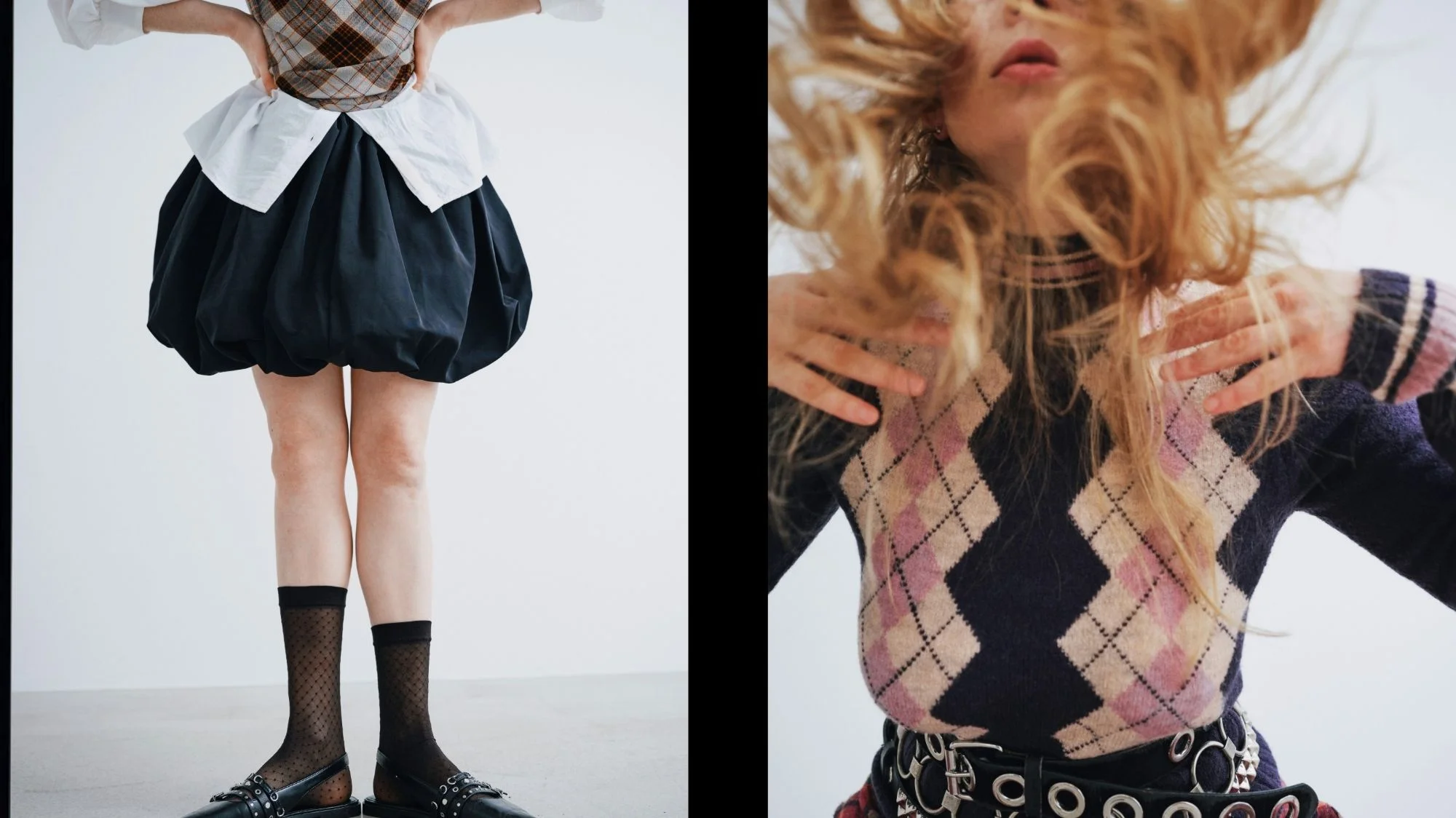 Experimental fashion styling with layered argyle patterns, voluminous skirt, and bold accessories, representing creative directions from C2 Fashion Studio, a trend forecasting agency delivering expert fashion trend solutions.