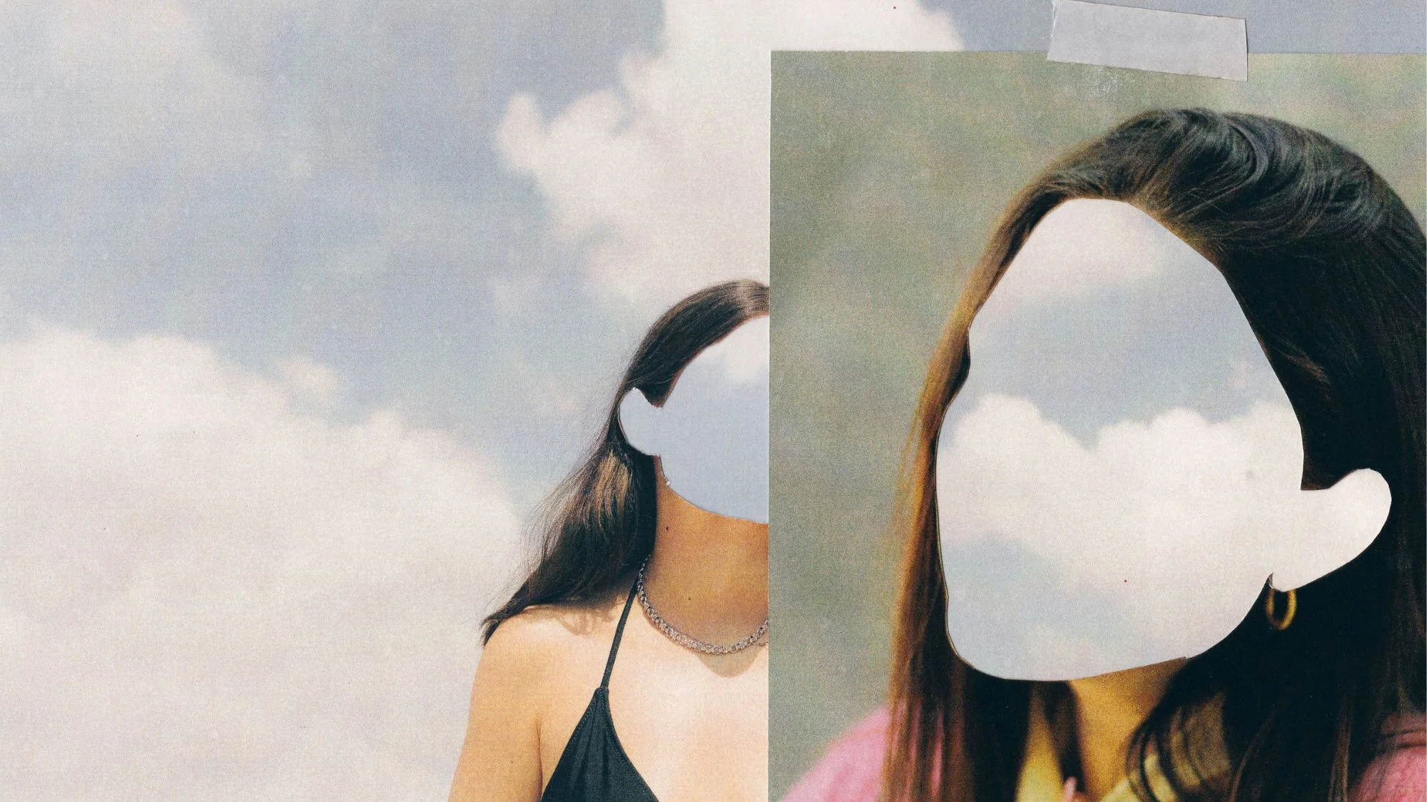 Surreal fashion collage of women with cloud-filled faces, symbolizing identity and coexistence in the 2027 trend forecast by C2 Fashion Studio.