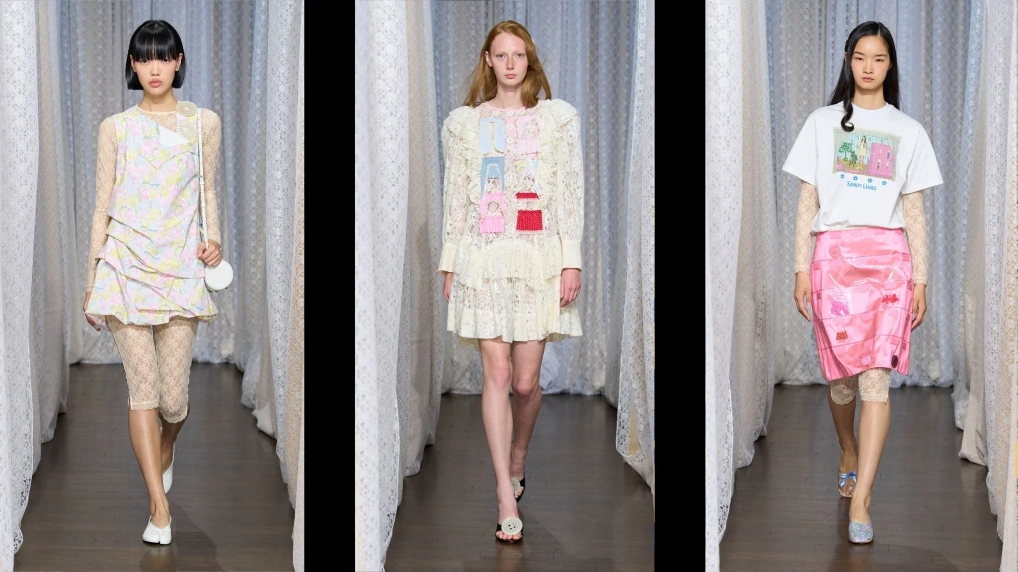 Models wearing Sandy Liang’s Spring Summer 2026 collection featuring lace, patchwork, and playful motifs, reflecting childhood nostalgia analyzed by C2 Fashion Studio trend forecasting agency.