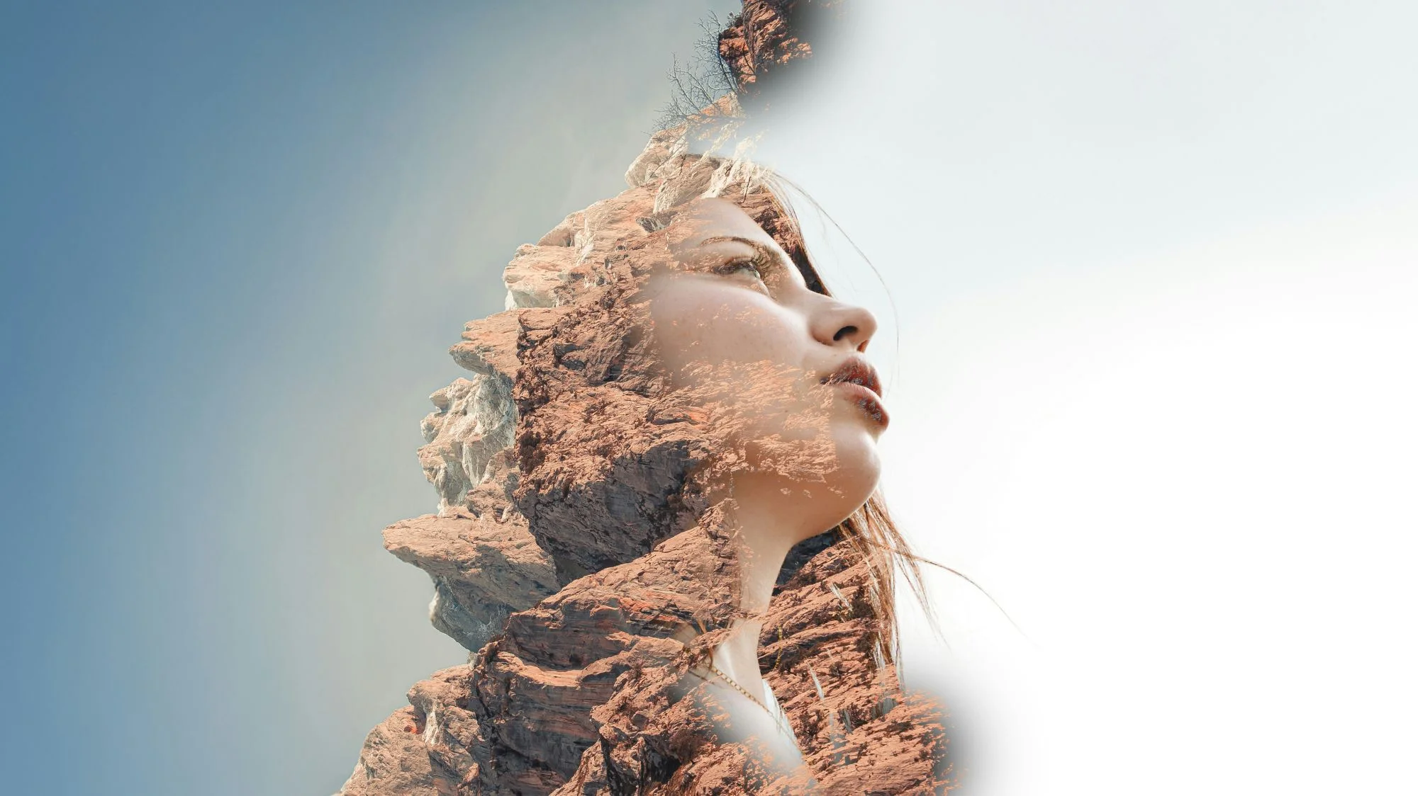 Double exposure artwork of a woman’s face blended with rugged rocky mountains, symbolizing resilience and emotional durability in fashion, created for C2 Fashion Studio’s trend forecasting work as a leading trend forecasting agency.