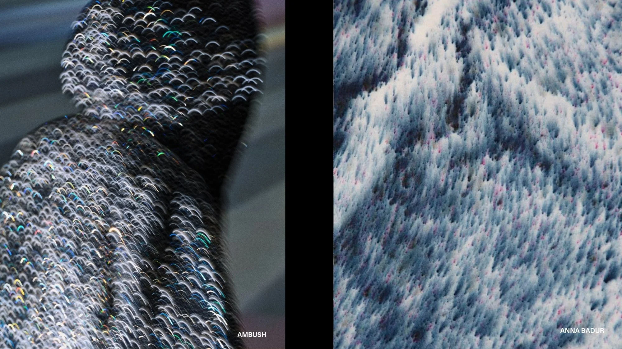 Close-up of radical fashion textiles: shimmering surface by Ambush and tactile material design by Anna Badur, representing Autumn Winter 2026/27 fashion trend forecast.