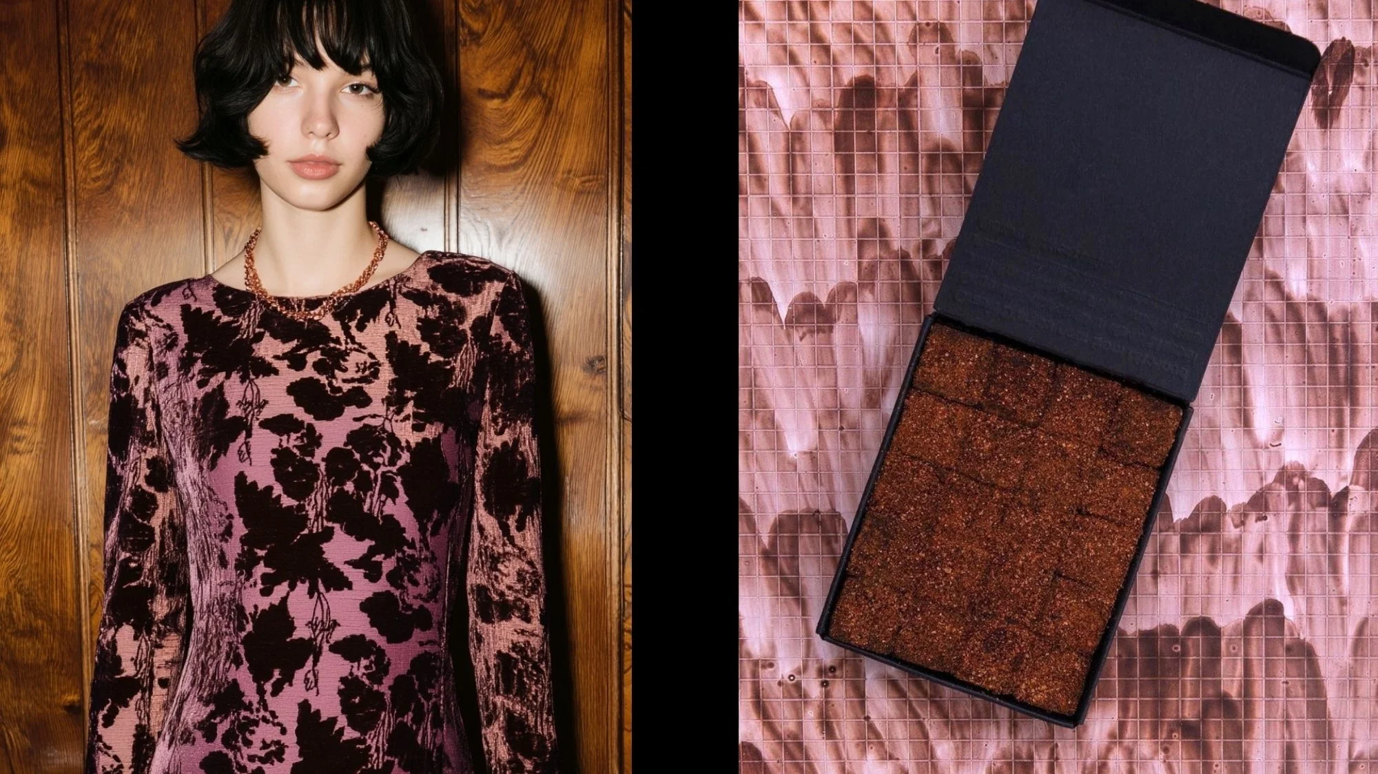 Model in textured velvet dress and material sample, symbolizing cultural concepts from C2 Fashion Studio’s Autumn Winter 2026/2027 trend forecasts by a leading trend forecasting agency.