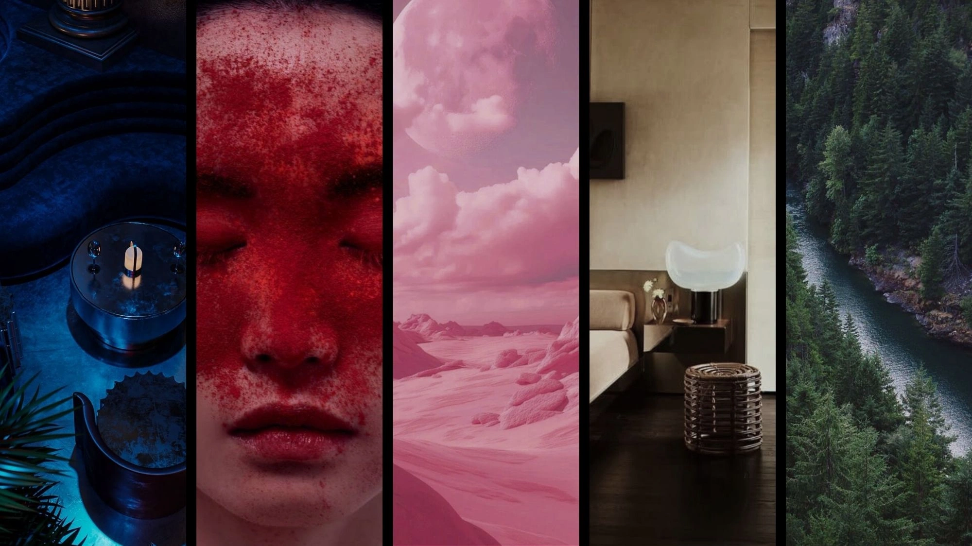 C2 Fashion Studio Autumn Winter 2027/2028 color trend forecast featuring deep blue, bold red, futuristic pink, warm neutrals, and forest green tones.