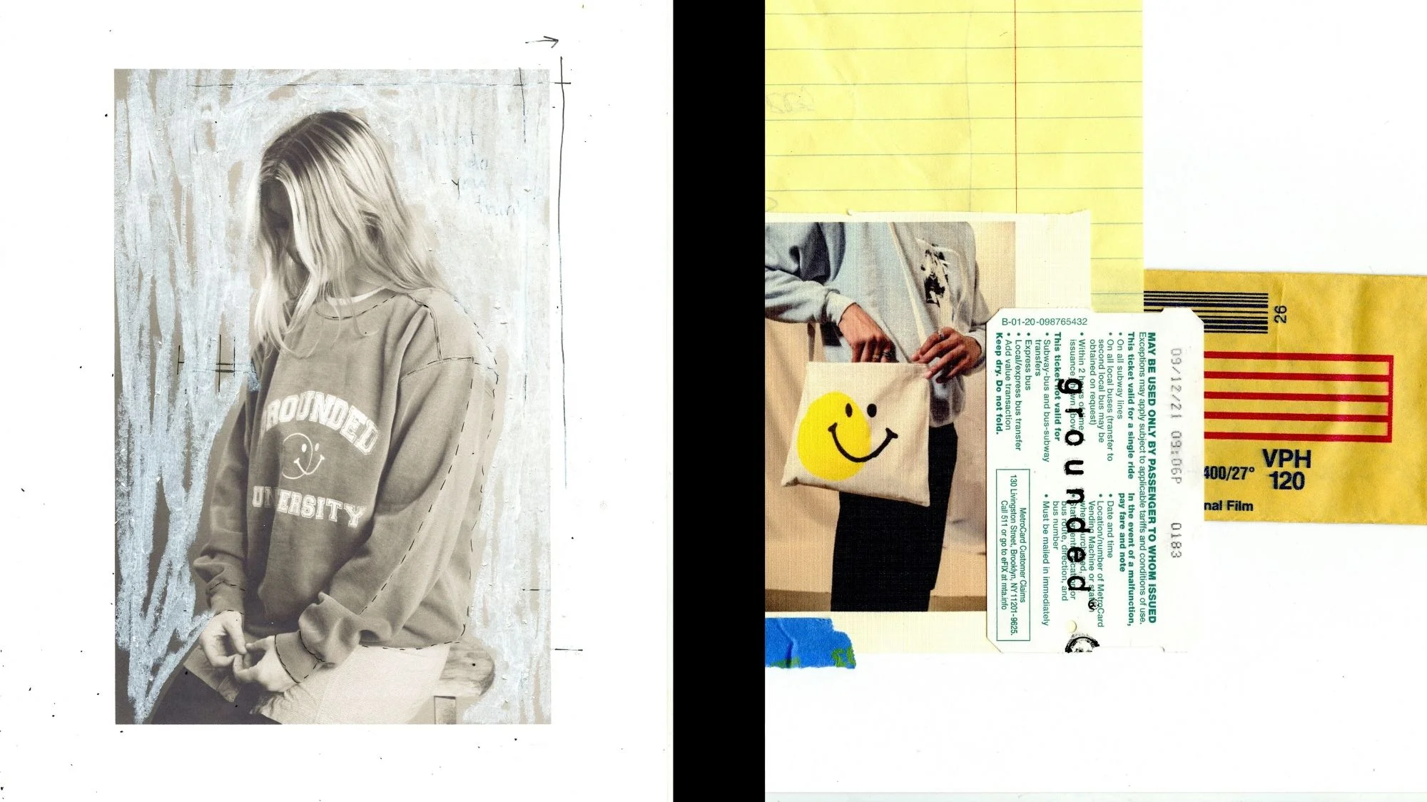 Collage featuring a woman in a “Grounded University” sweatshirt and a tote bag with a smiley face, symbolizing emotional branding and identity in fashion, from C2 Fashion Studio’s trend forecasting platform.