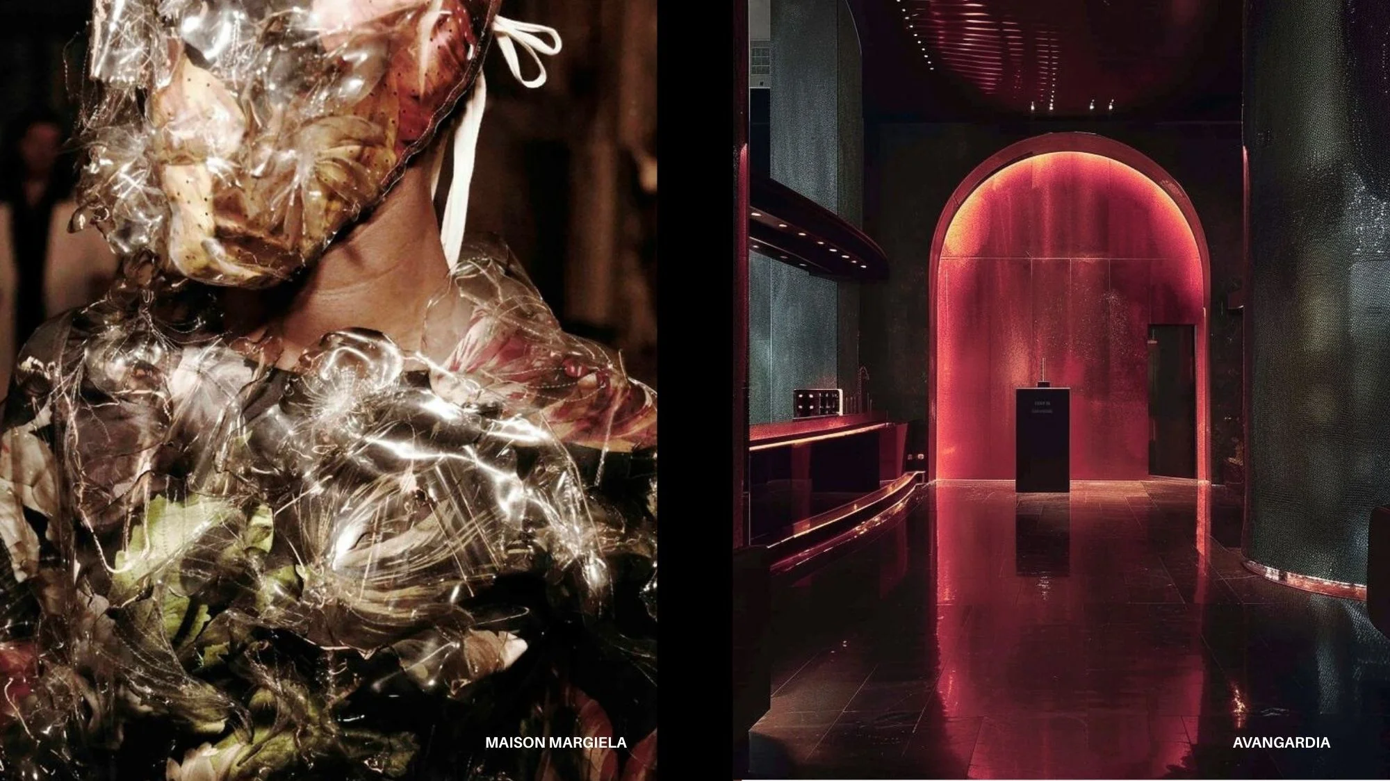 Avant-garde Maison Margiela design with sculptural textures paired with a futuristic Avangardia red-lit interior, symbolizing Resonant Grounding for Autumn Winter 2027/2028, decoded by C2 Fashion Studio’s trend forecasting platform.