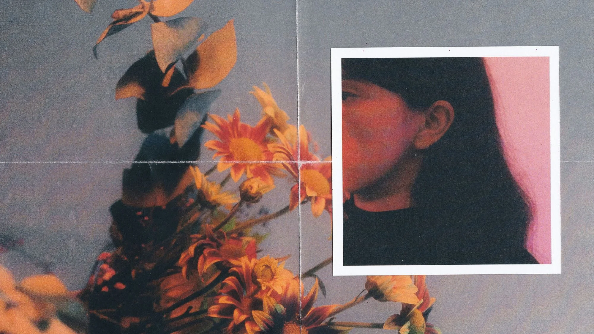 Surreal collage of flowers and a portrait fragment, reflecting identity and nature in the 2027 trend forecast by C2 Fashion Studio.