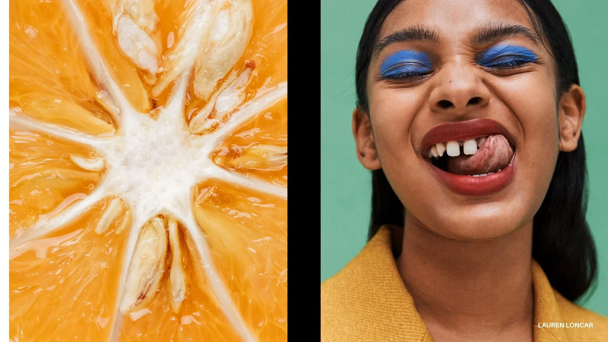Close-up of orange fruit paired with a model smiling with bold makeup and gapped teeth, symbolizing imperfection and authenticity in fashion. Curated by C2 Fashion Studio, a leading trend forecasting agency specializing in fashion trend forecasting.