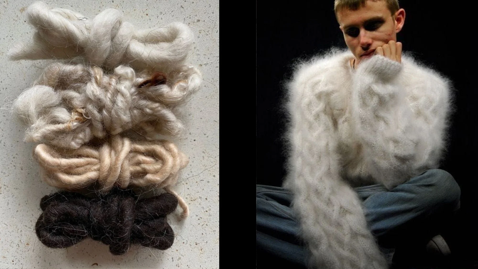 Close-up of recycled wool fibers and model wearing oversized wool sweater, showcasing radical textures in Autumn Winter 2026/27 fashion trend forecast.
