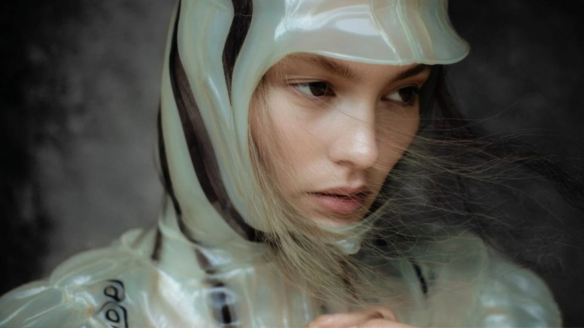 Model wearing futuristic translucent material, symbolizing innovation in C2 Fashion Studio Autumn Winter 2026/2027 trend forecasts by a leading trend forecasting agency.