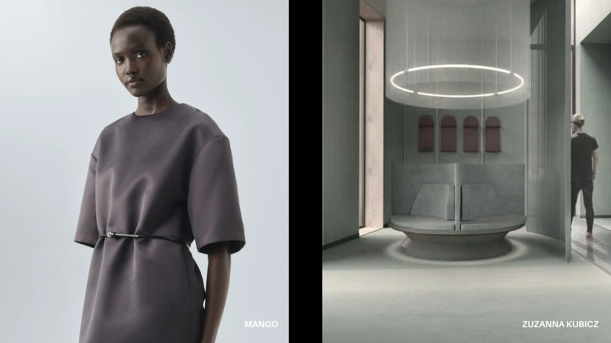 Minimalist fashion model in sleek silhouette alongside futuristic interior design, representing emerging fashion trends explored by C2 Fashion Studio, a global trend forecasting agency.