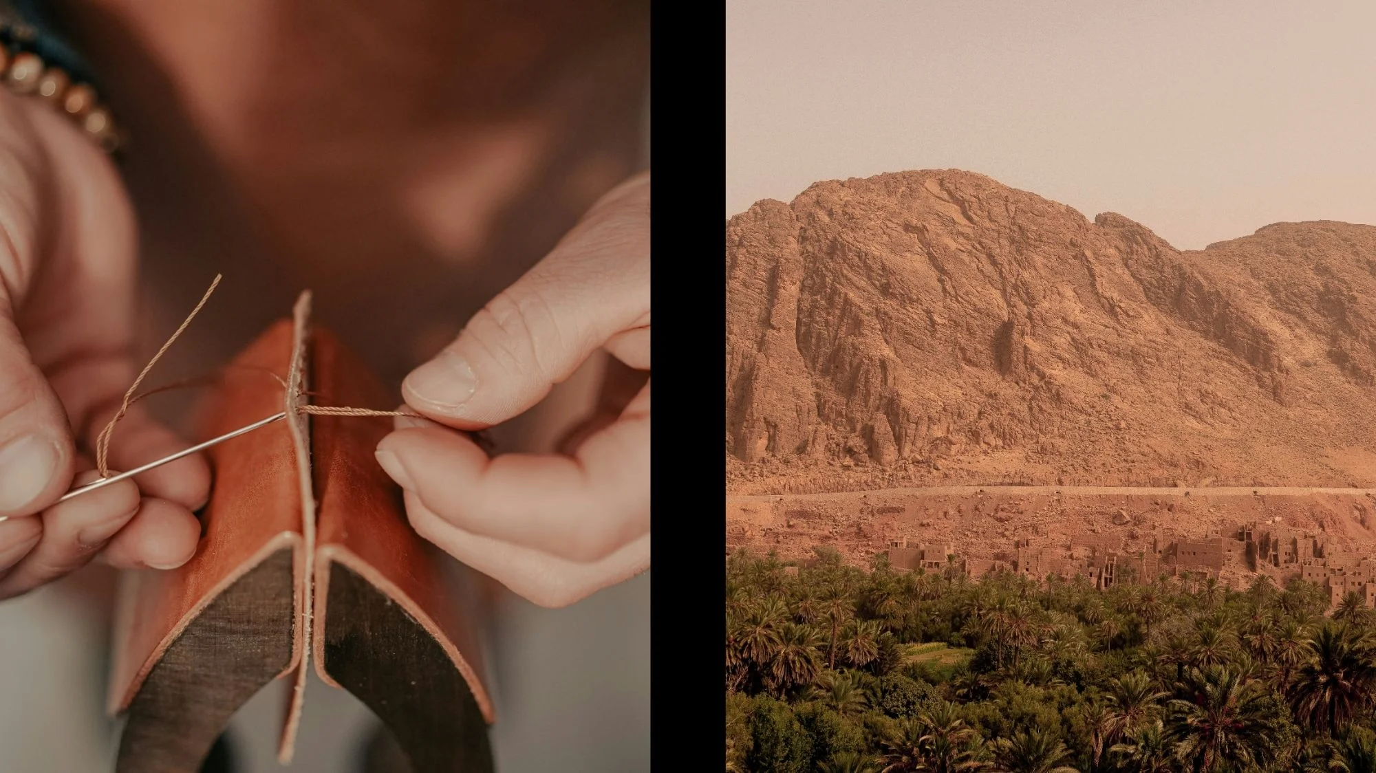 Close-up of artisan hand-stitching leather beside a desert landscape, symbolizing craftsmanship, territory, and cultural heritage within a fashion trend decoded by C2 Fashion Studio, a leading trend forecasting agency.
