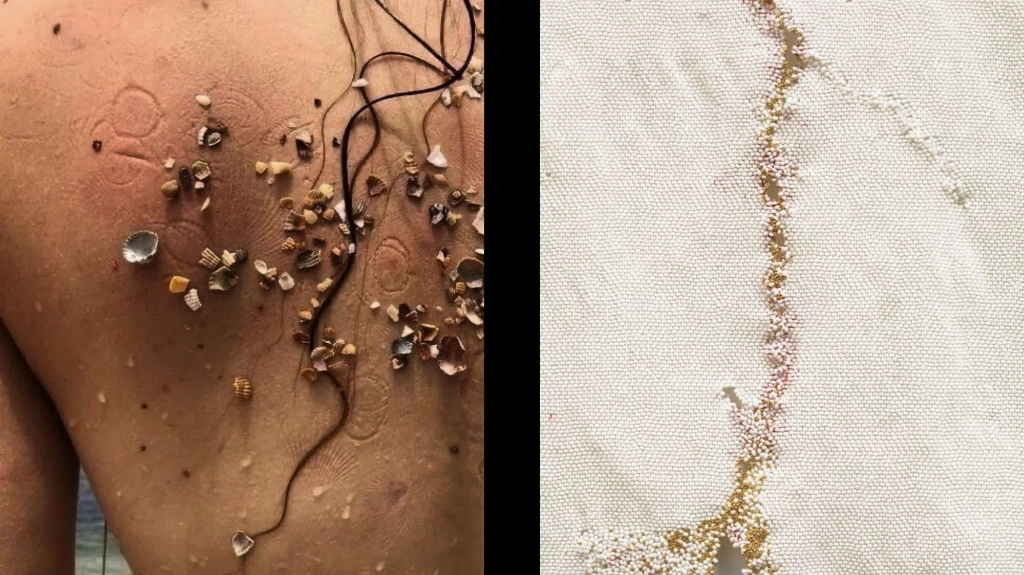 Close-up of a back with seashells and organic textures alongside embroidered fabric details, symbolizing the merging of nature and craft in future fashion. Concept by C2 Fashion Studio, a global trend forecasting agency specializing in fashion trend forecasting.