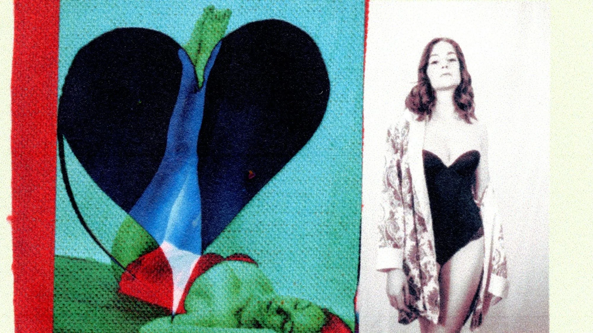 Artistic collage featuring a bold heart graphic and a woman in a bodysuit with patterned robe, symbolizing emotional branding and identity in fashion, created by C2 Fashion Studio’s trend forecasting platform.