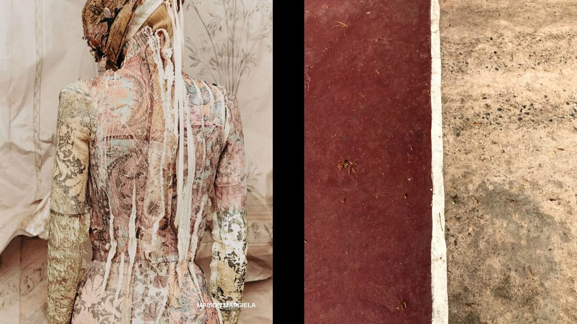 Back view of a Maison Margiela design featuring tapestry-inspired textures, symbolizing Resonant Grounding for Autumn Winter 2027/2028, decoded by C2 Fashion Studio’s trend forecasting platform.