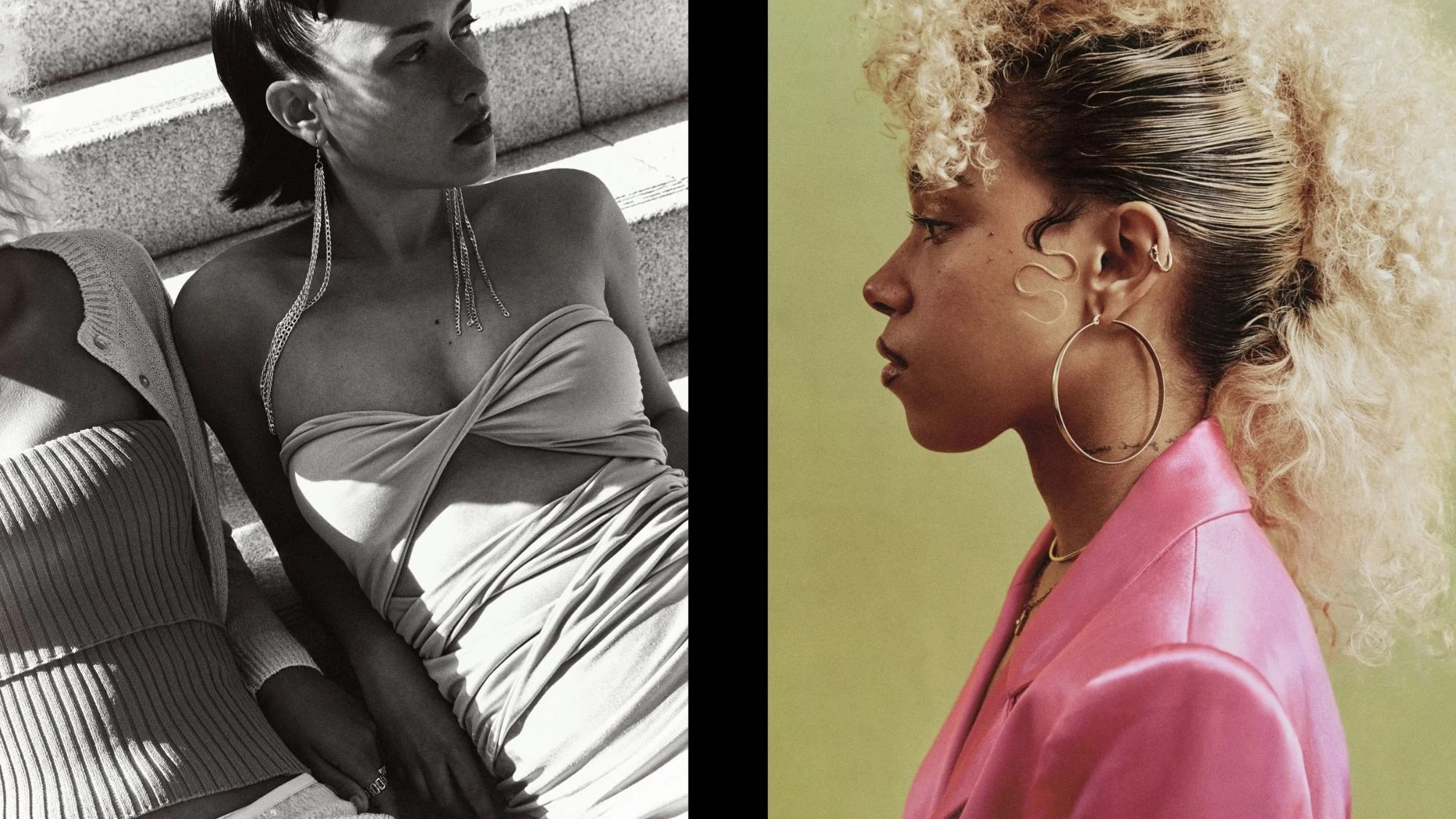 Contrasting editorial portraits of models in bold contemporary styles, reflecting fragmented aesthetics and cultural acceleration. Curated by C2 Fashion Studio, a leading trend forecasting agency specializing in fashion trend forecasting.