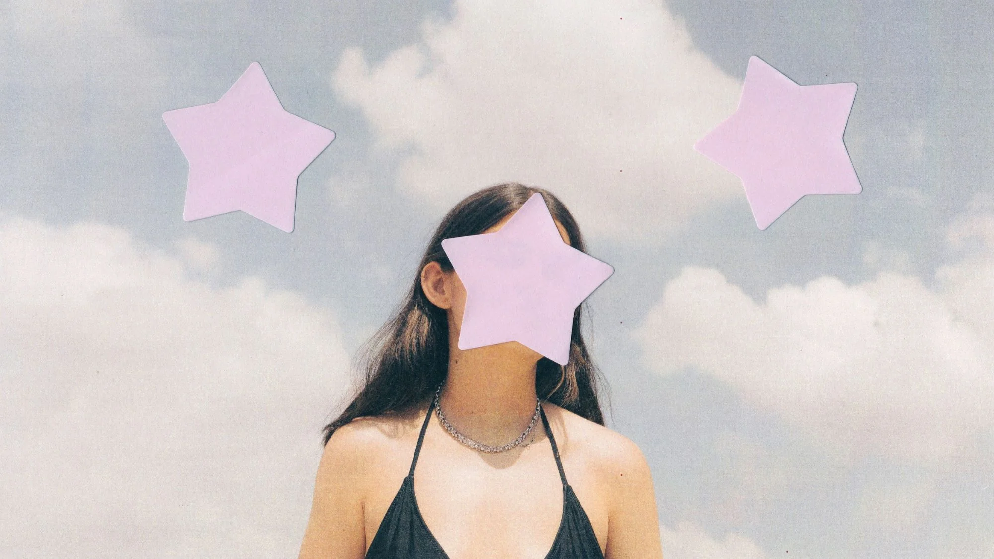 Surreal fashion collage of a woman with pink star overlays, reflecting imagination and identity in the 2027 trend forecast by C2 Fashion Studio.