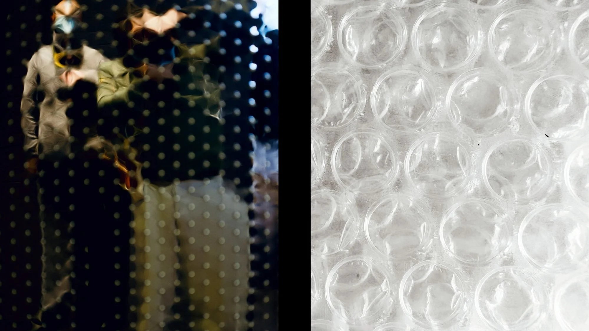 Abstract visuals of blurred figures behind patterned glass and close-up of bubble wrap texture, symbolizing Autumn Winter 2026 2027 fashion trend forecasting with sensory revival and emotional tactility.