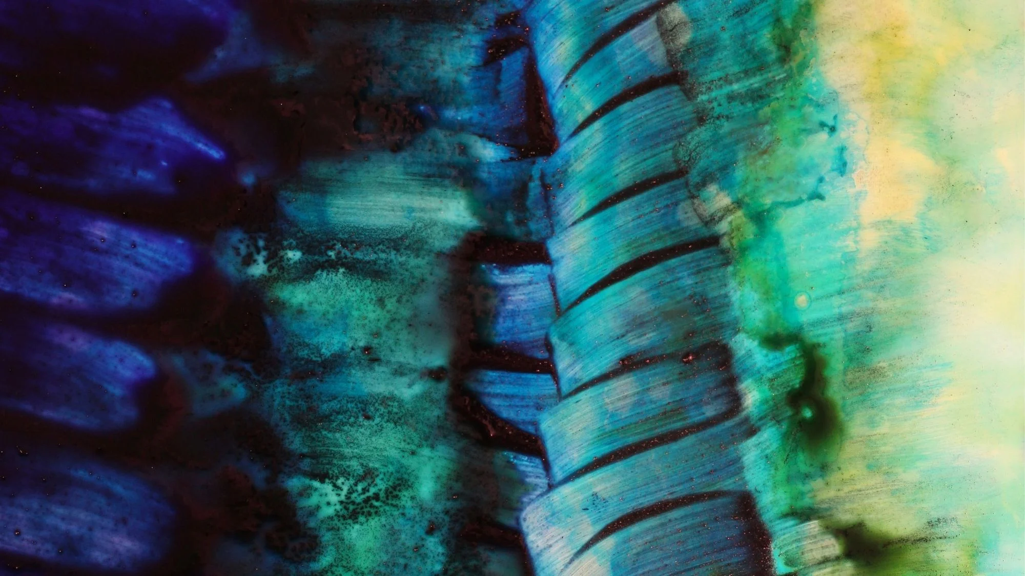 Abstract close-up of vibrant blue, green, and yellow textures, symbolizing innovation, ecological imagination, and future fashion trends in C2 Fashion Studio’s trend forecasting.