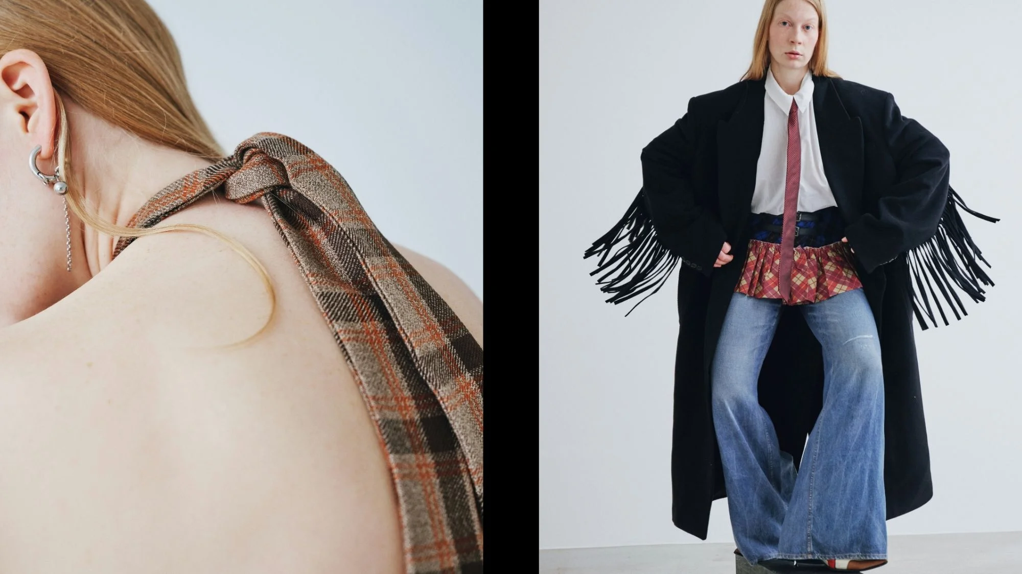 Model showcasing plaid detail with oversized coat, fringe accents, and denim, highlighting innovative styling directions from C2 Fashion Studio, a trend forecasting agency delivering fashion trend solutions.