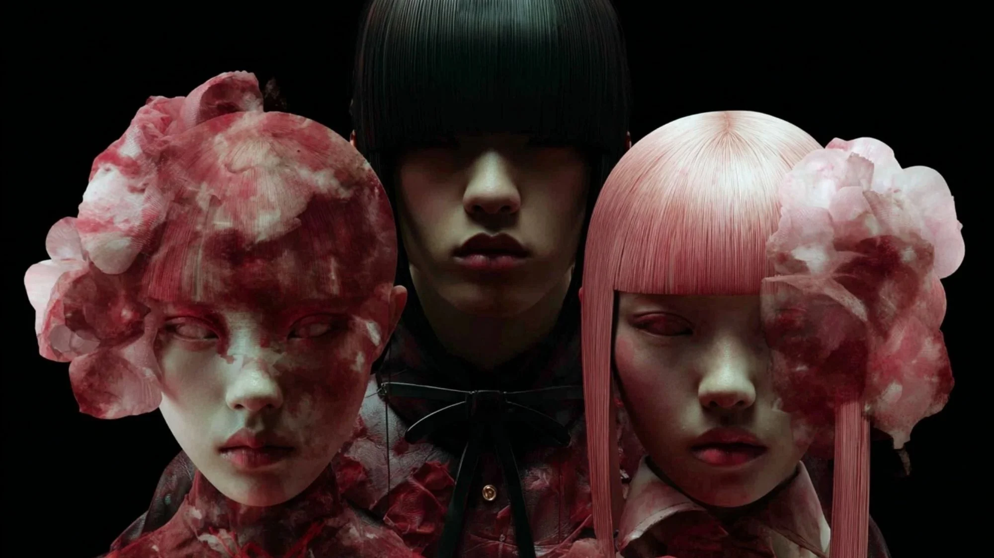 Avant-garde fashion portrait with surreal red and pink styling, representing Dark Romanticism in C2 Fashion Studio Autumn Winter 2026/2027 trend forecasts by a leading trend forecasting agency.