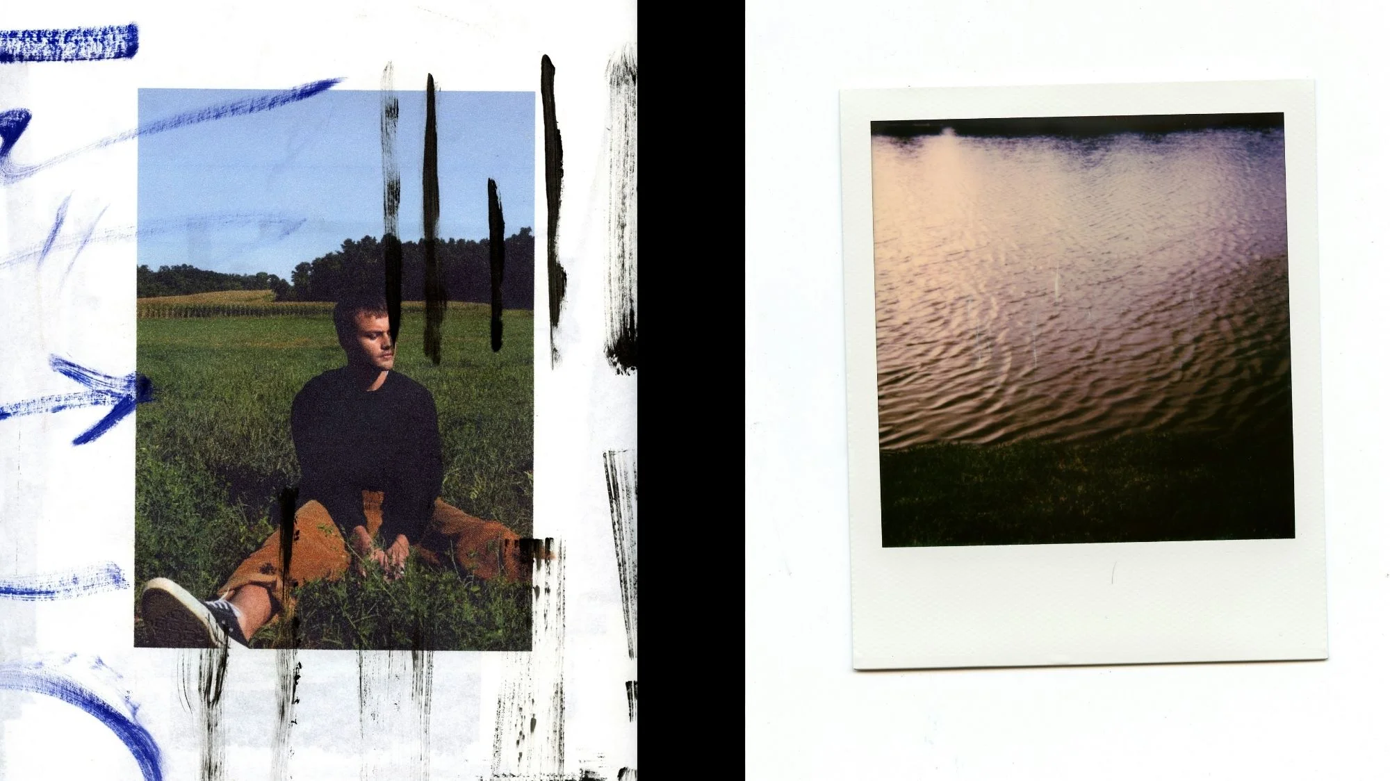 Collage artwork featuring a man seated in a grassy field and a Polaroid of rippling water, symbolizing emotional branding and identity in fashion, from C2 Fashion Studio’s trend forecasting platform.