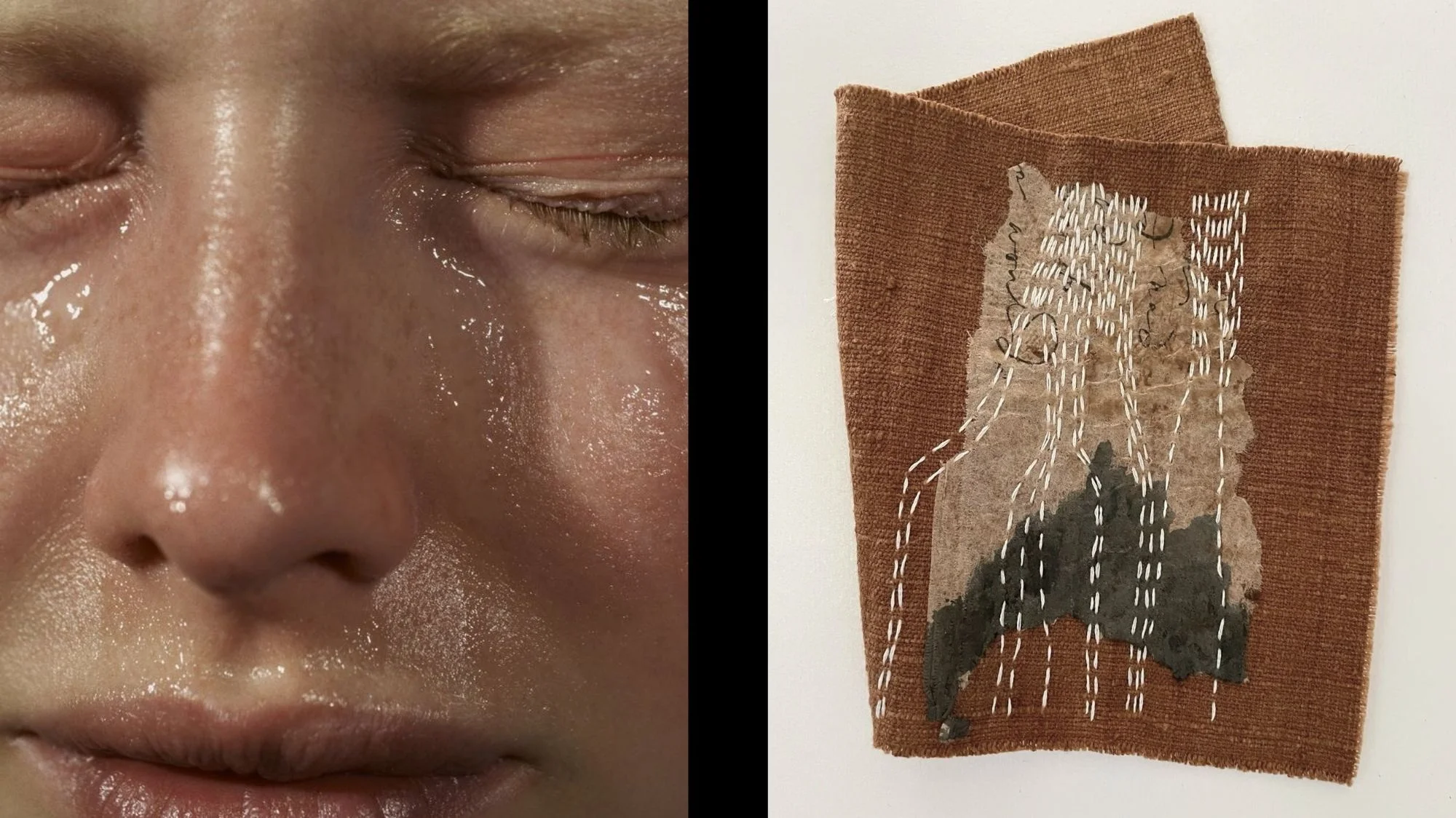 Close-up of a tear-streaked face beside a textile patch with stitched lines, symbolizing emotion and repair in design. Curated by C2 Fashion Studio, a leading trend forecasting agency specializing in fashion trend forecasting.