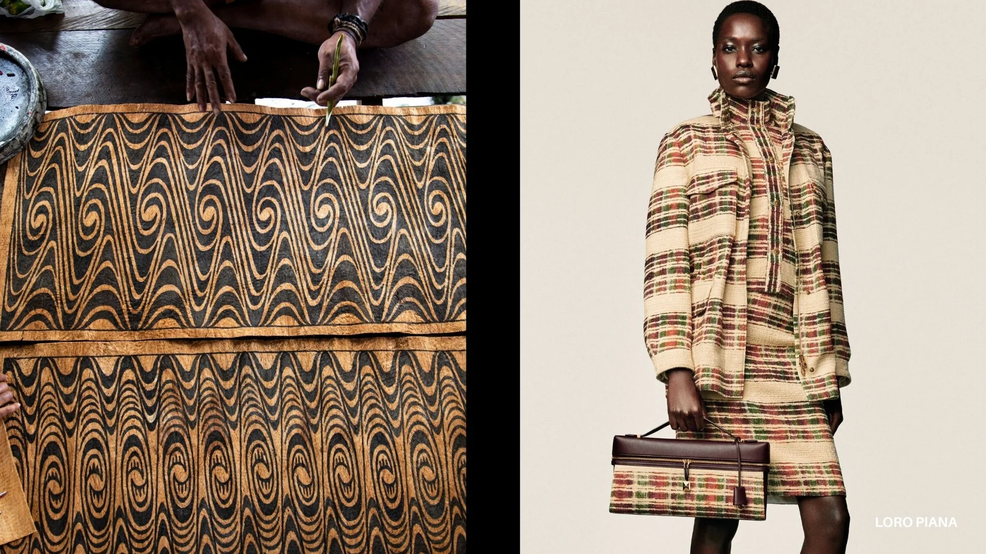 Handcrafted textile with swirling patterns alongside a model in woven ensemble, illustrating the Sense of Place fashion trend forecast for Autumn Winter 2026 2027 by C2 Fashion Studio, a leading trend forecasting solution.