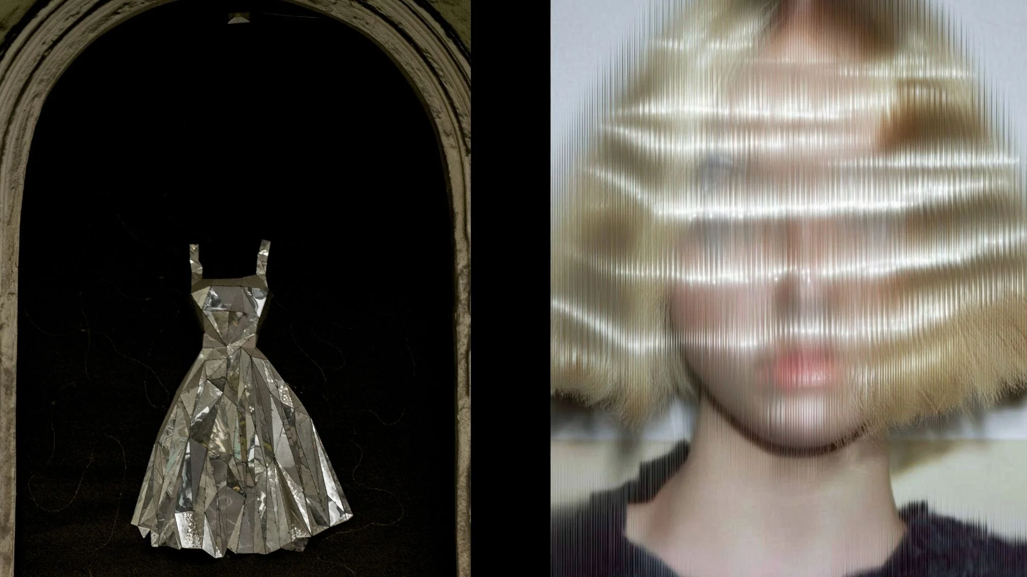Conceptual collage of metallic origami dress and distorted portrait, representing cultural signals in C2 Fashion Studio Autumn Winter 2026/2027 trend forecasts by a leading trend forecasting agency.