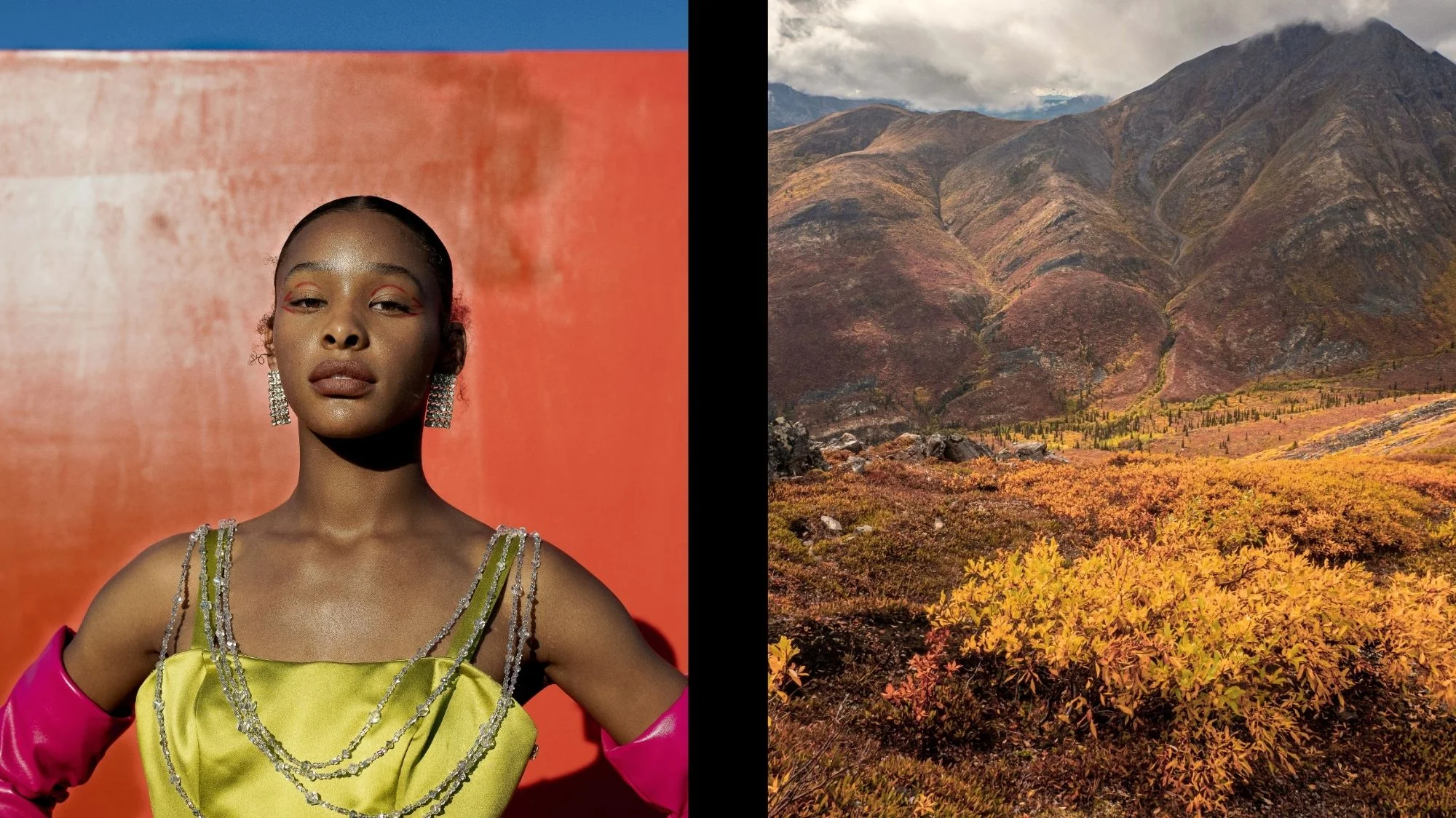 Model in bold fashion styling beside autumnal mountain landscape, symbolizing the Sense of Place fashion trend forecast for Autumn Winter 2026 2027 by C2 Fashion Studio, a trend forecasting solution.