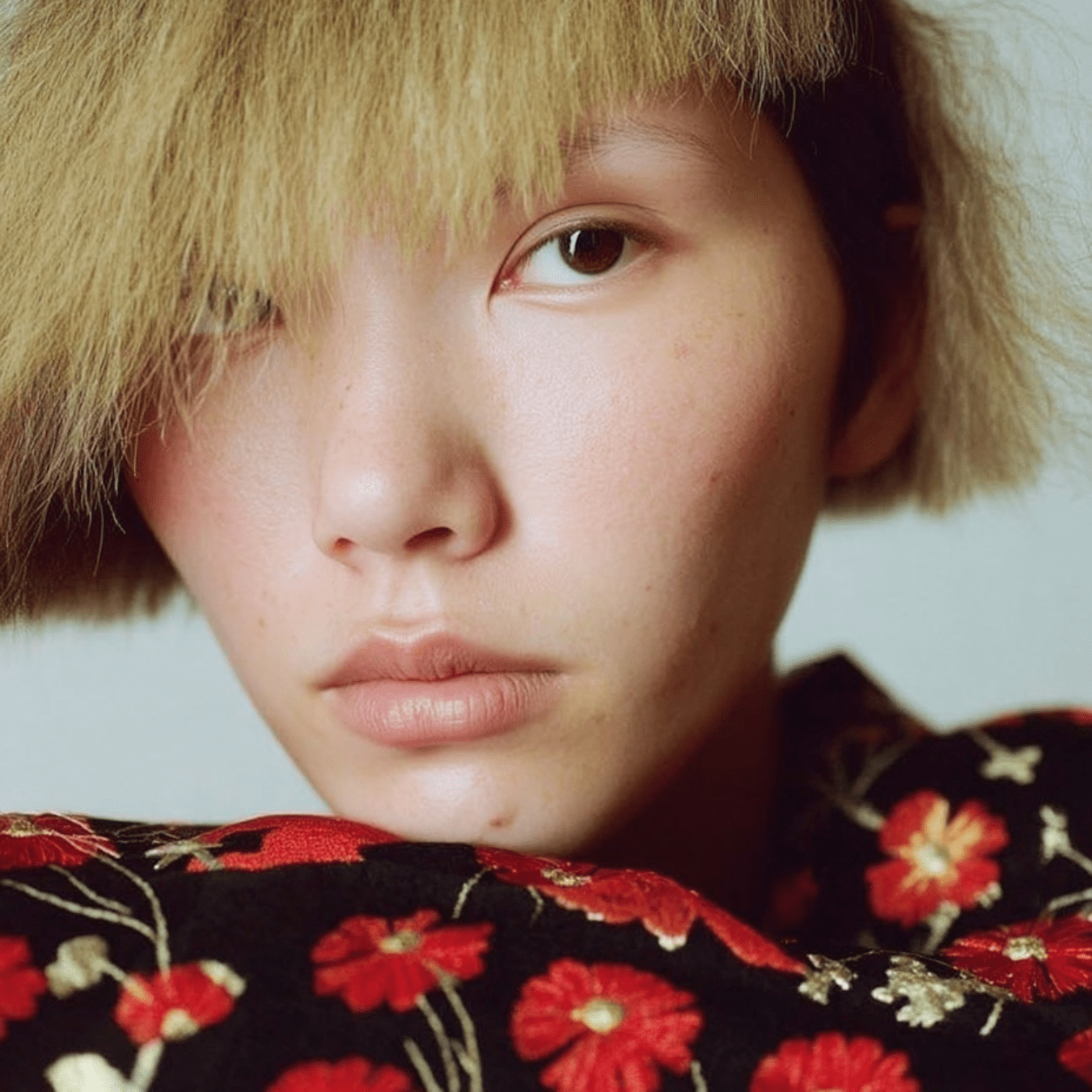 Close-up portrait of a model in embroidered floral fashion, symbolizing Autumn Winter 2027 2028 trend forecasting with themes of quiet opulence, layered memory, and regenerative intelligence.