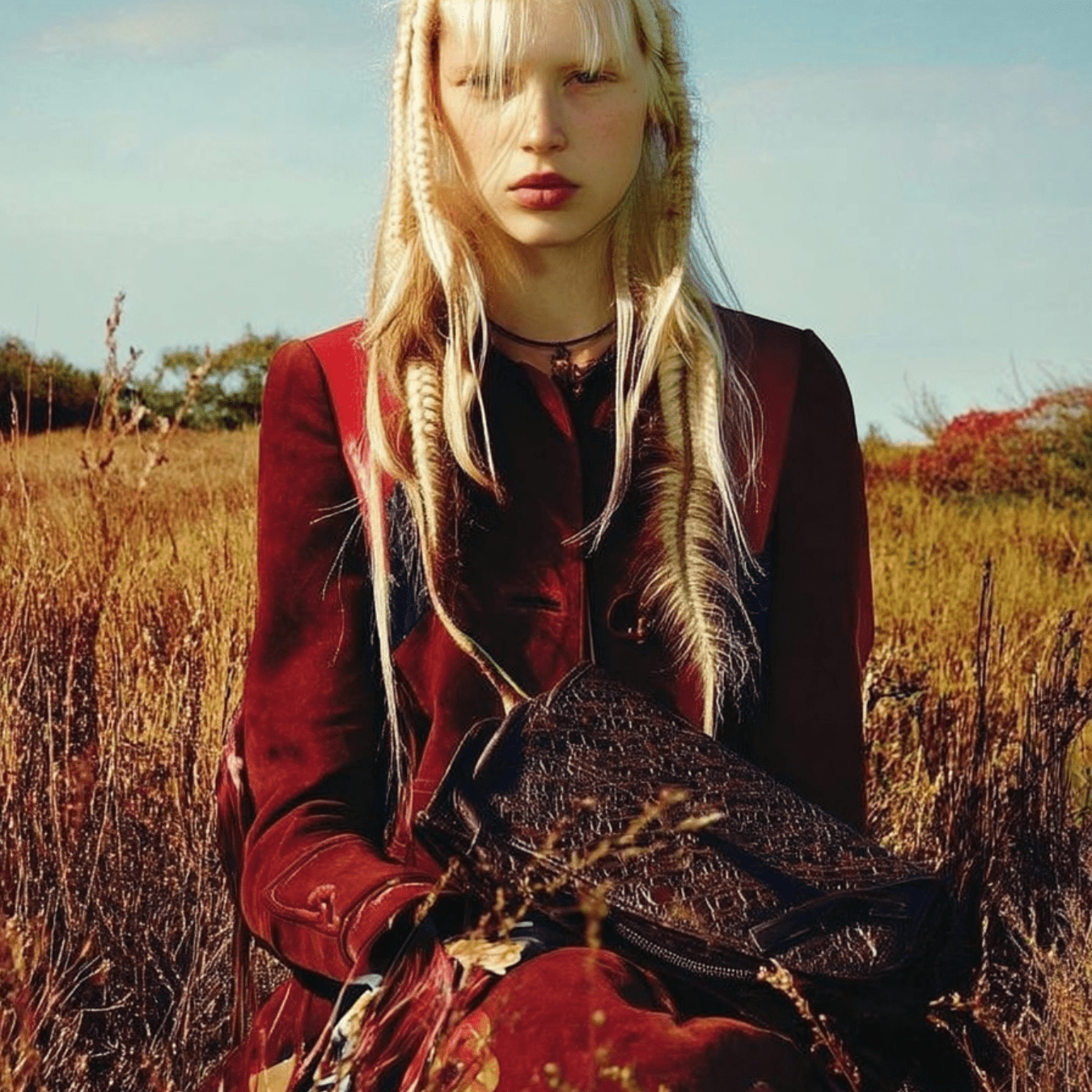 Model dressed in deep red Autumn Winter 2027 2028 fashion, styled with long braids and a textured leather bag, symbolizing quiet opulence, layered memory, and future fashion trends.