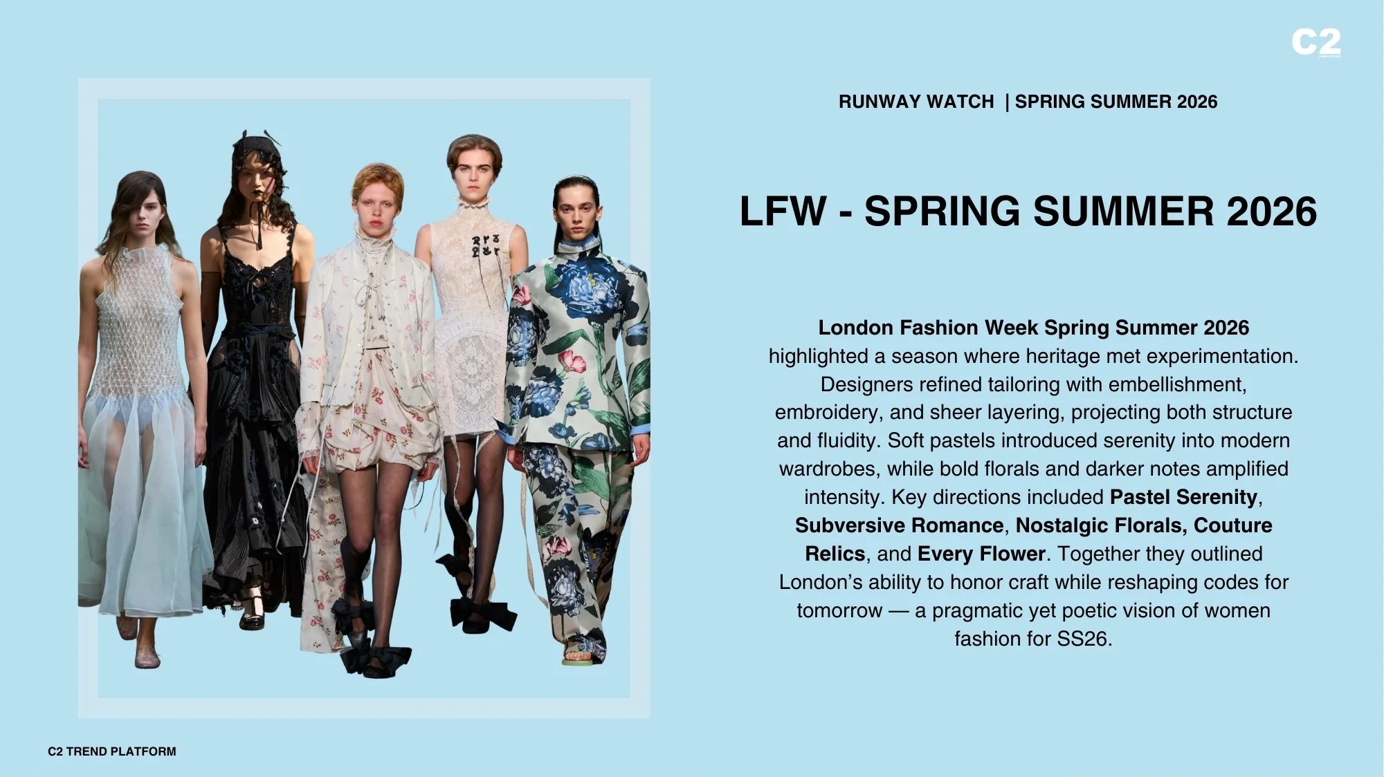 Models in standout looks from London Fashion Week Spring Summer 2026 featuring heritage-inspired tailoring, sheer layering, pastels, and bold florals, decoded by C2 Fashion Studio’s trend forecasting platform.