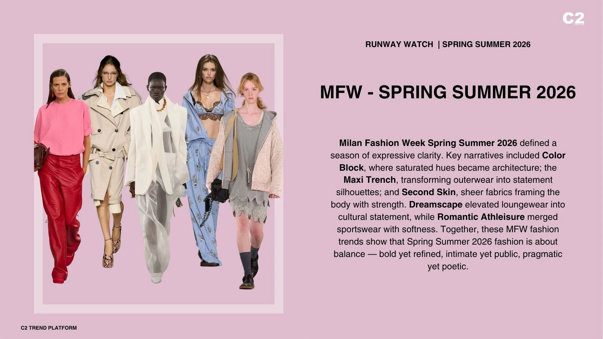 Models in Milan Fashion Week Spring Summer 2026 runway looks highlighting key narratives such as Color Block, Maxi Trench, Second Skin, Dreamscape, and Romantic Athleisure, decoded by C2 Fashion Studio’s trend forecasting platform.