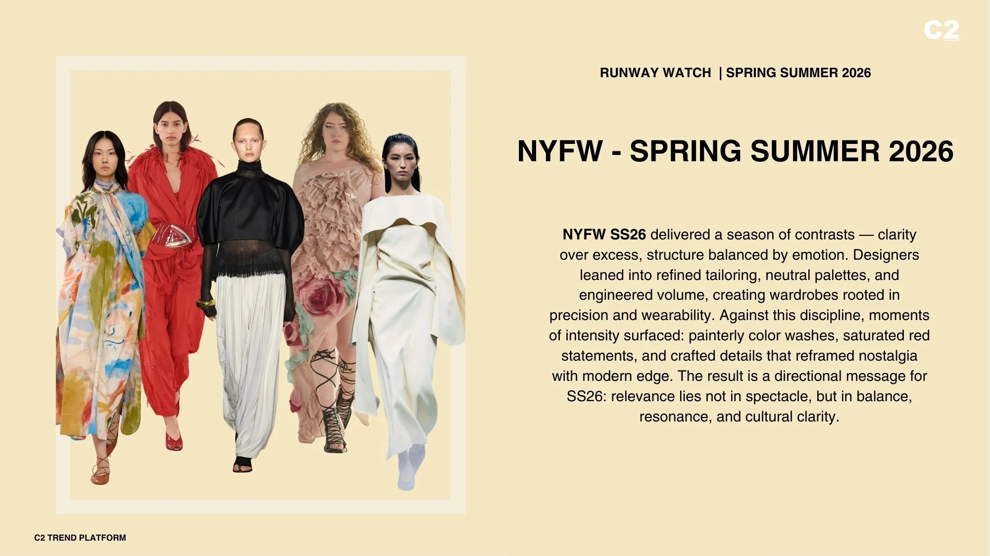 Models showcasing key looks from New York Fashion Week Spring Summer 2026, highlighting women’s fashion trends of clarity, balance, and resonance, decoded by C2 Fashion Studio’s trend forecasting platform.