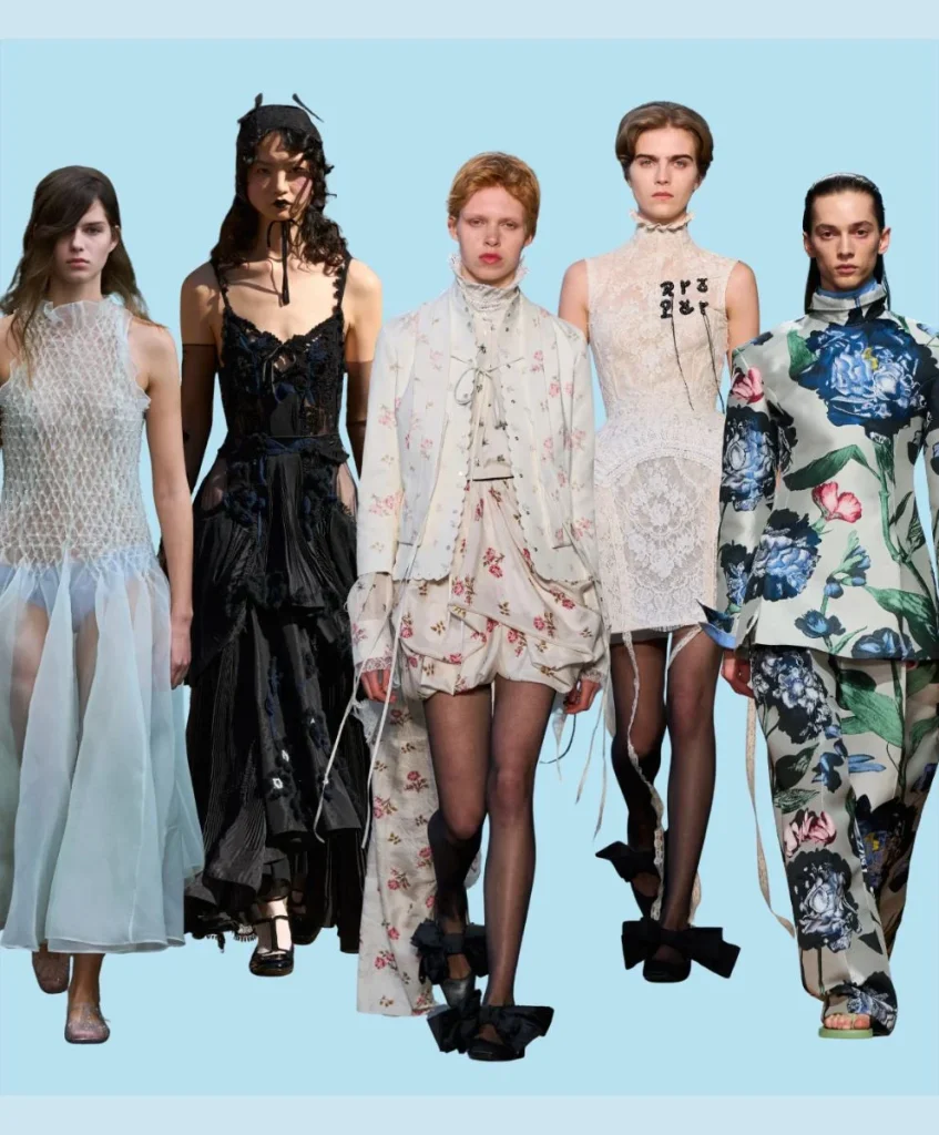 Models wearing standout looks from London Fashion Week Spring Summer 2026, showcasing women’s fashion trends of heritage, craftsmanship, and modern experimentation, decoded by C2 Fashion Studio’s trend forecasting platform.