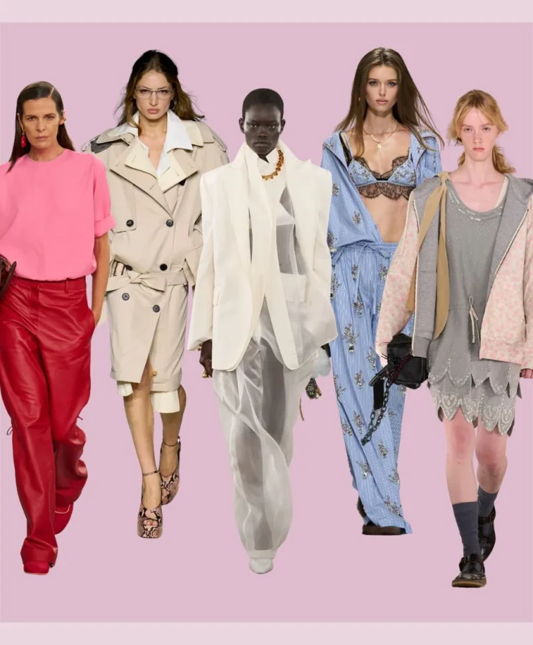 Models in key Milan Fashion Week Spring Summer 2026 looks showcasing Italian craftsmanship, refined proportions, material lightness, and bold color strategies, decoded by C2 Fashion Studio’s trend forecasting platform.