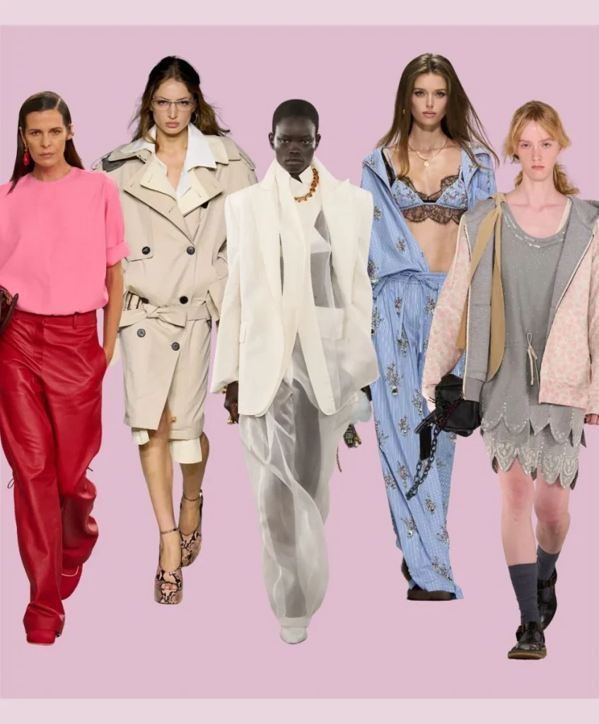 Models in key Milan Fashion Week Spring Summer 2026 looks showcasing Italian craftsmanship, refined proportions, material lightness, and bold color strategies, decoded by C2 Fashion Studio’s trend forecasting platform.