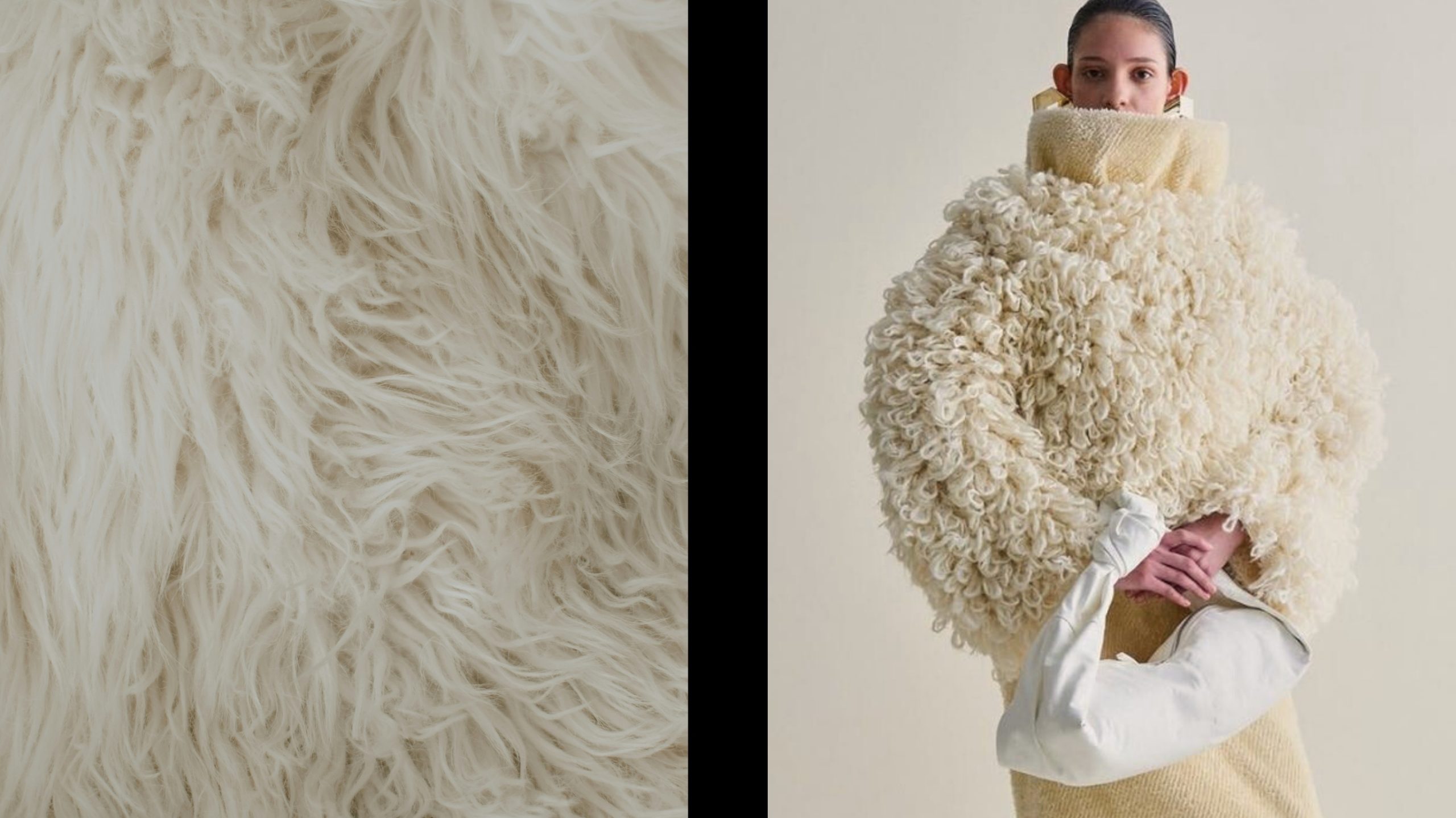 Avant-garde white textured fashion design and close-up of tactile fabric, representing Autumn Winter 2026 2027 fashion trend forecasting with Sensory Tuners and sensory revival themes.